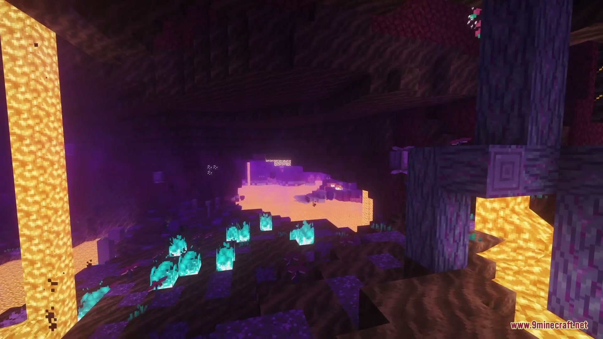 Abyssal Plunge Mod Screenshot 2 Blue soul fire burns on purple terrain near a flowing lava fall