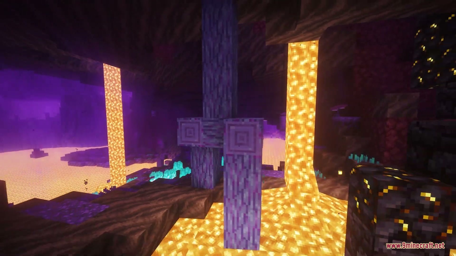 Abyssal Plunge Mod Screenshot 3 Purple wood pillars and glowing lava falls decorate a vibrant new Nether biome