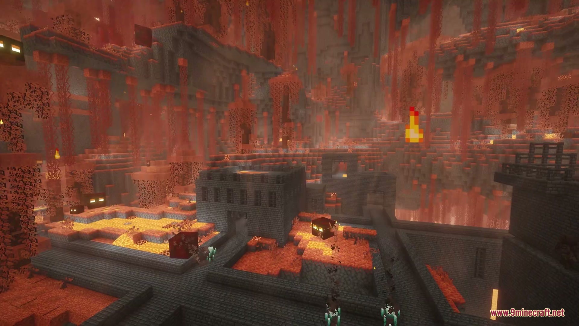 Abyssal Plunge Mod Screenshot 4 Massive stone structures and hanging vines fill a red landscape in the Nether