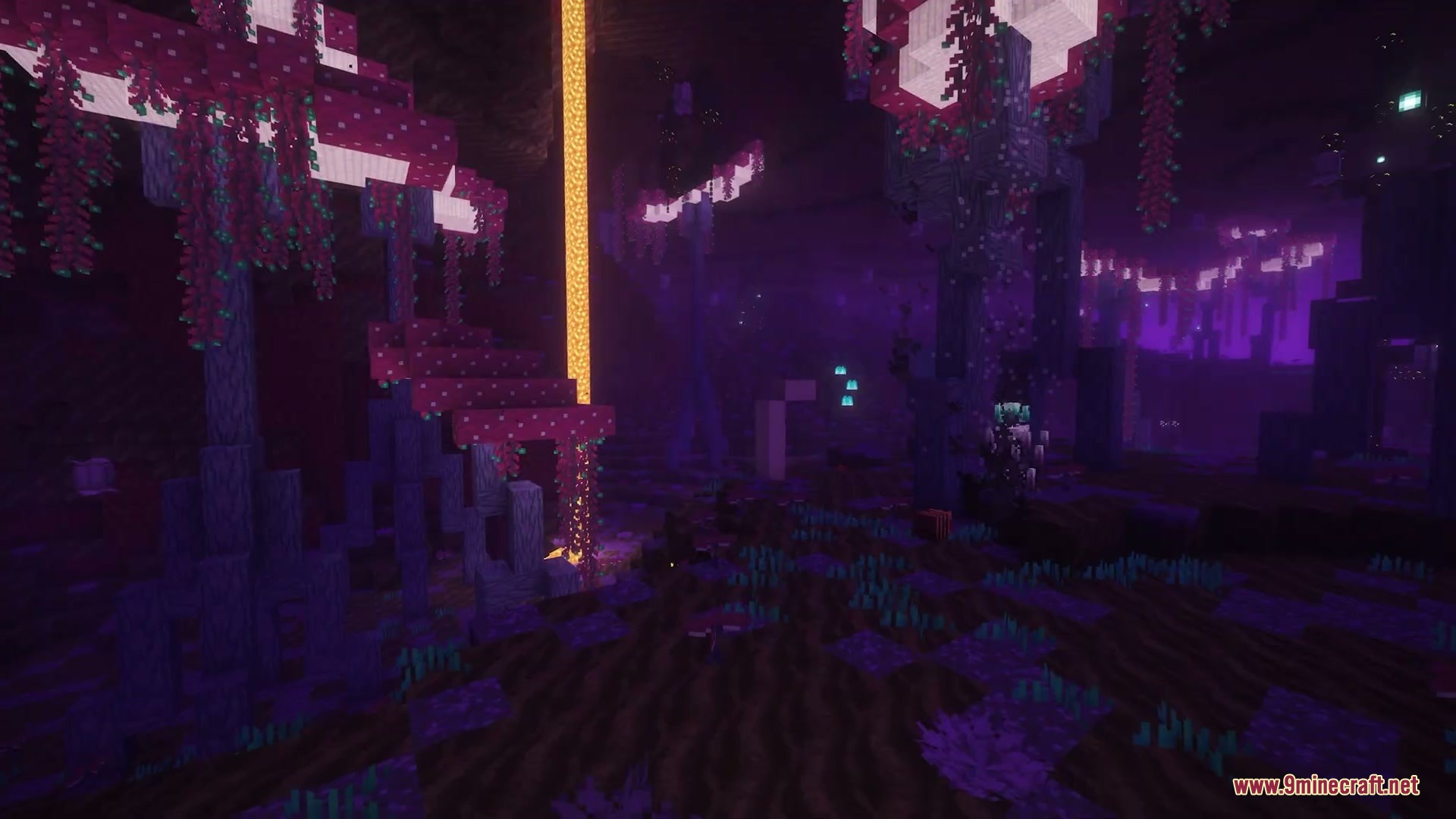 Abyssal Plunge Mod Screenshot 6 Glowing purple plants and hanging vines decorate the lush Arisian Undergrowth biome
