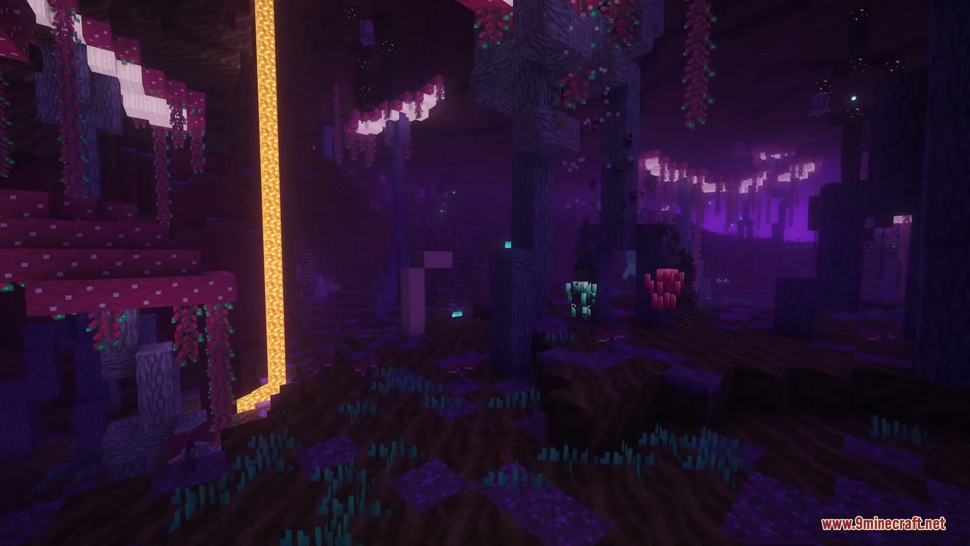 Abyssal Plunge Mod Screenshot 7 A vibrant purple underworld biome featuring glowing plants and a lava fall