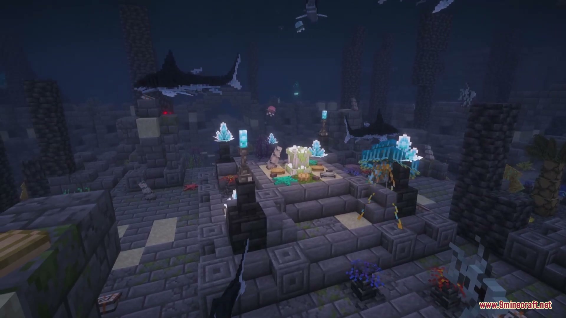 Abyssal Tides Mod Screenshot 5 Sharks swimming near a mysterious underwater shrine with glowing blue crystals