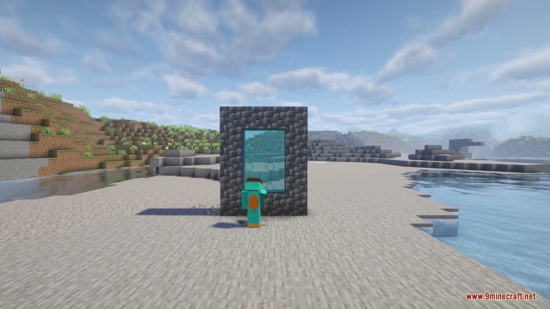 Abyssal Tides Mod Screenshot 6 A player wearing diving gear stands before the Abyssal Tides dimension portal