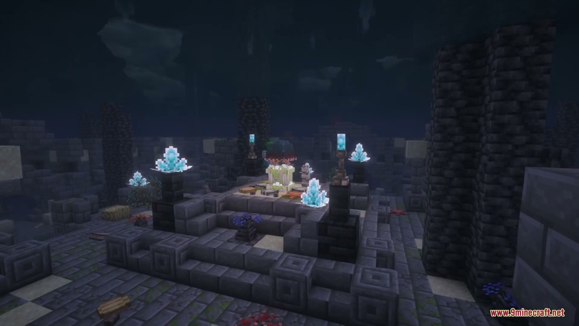 Abyssal Tides Mod Screenshot 7 A dark underwater shrine altar featuring glowing blue crystals and stone brick pillars
