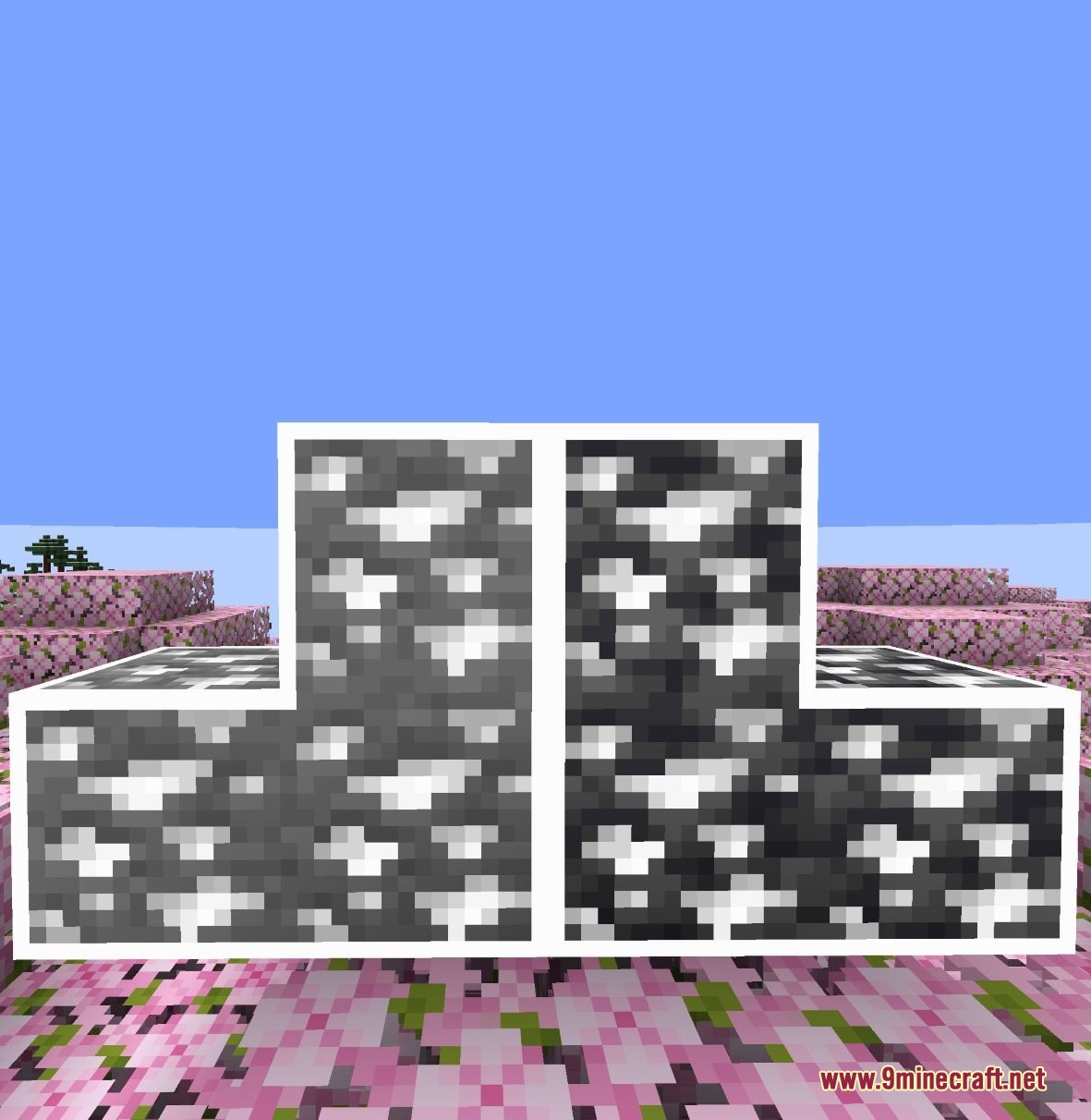 Accurate Iron Ore CTM Resource Pack Screenshot 3 Connected iron ore blocks with glowing white outlines in a pink field