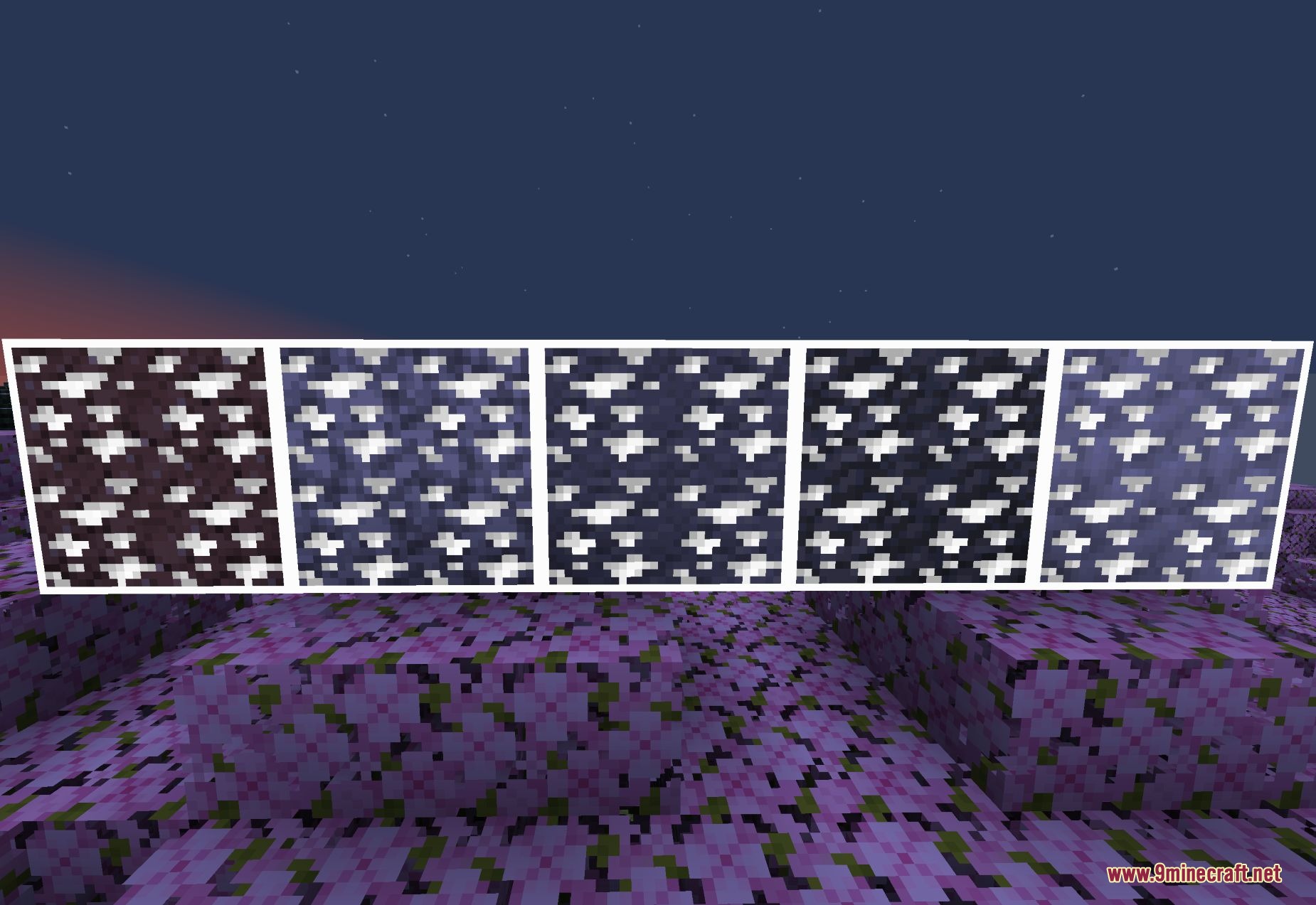 Accurate Iron Ore CTM Resource Pack Screenshot 5 Five iron ore blocks with connected textures glowing in a dark environment