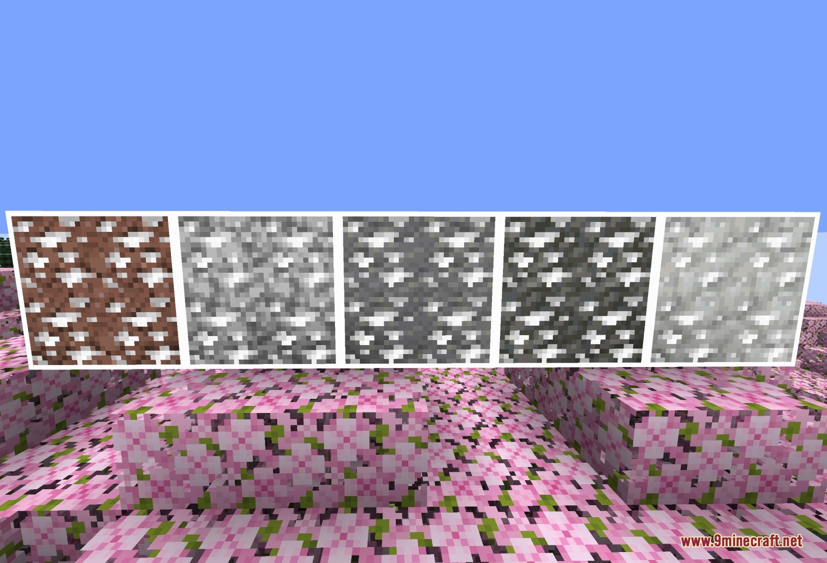 Accurate Iron Ore CTM Resource Pack Screenshot 6 Five iron ore blocks with connected textures displayed under a bright sky