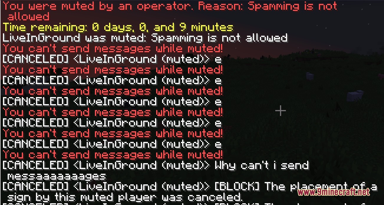 Admin Craft Mod prevents a muted player from sending messages or placing signs