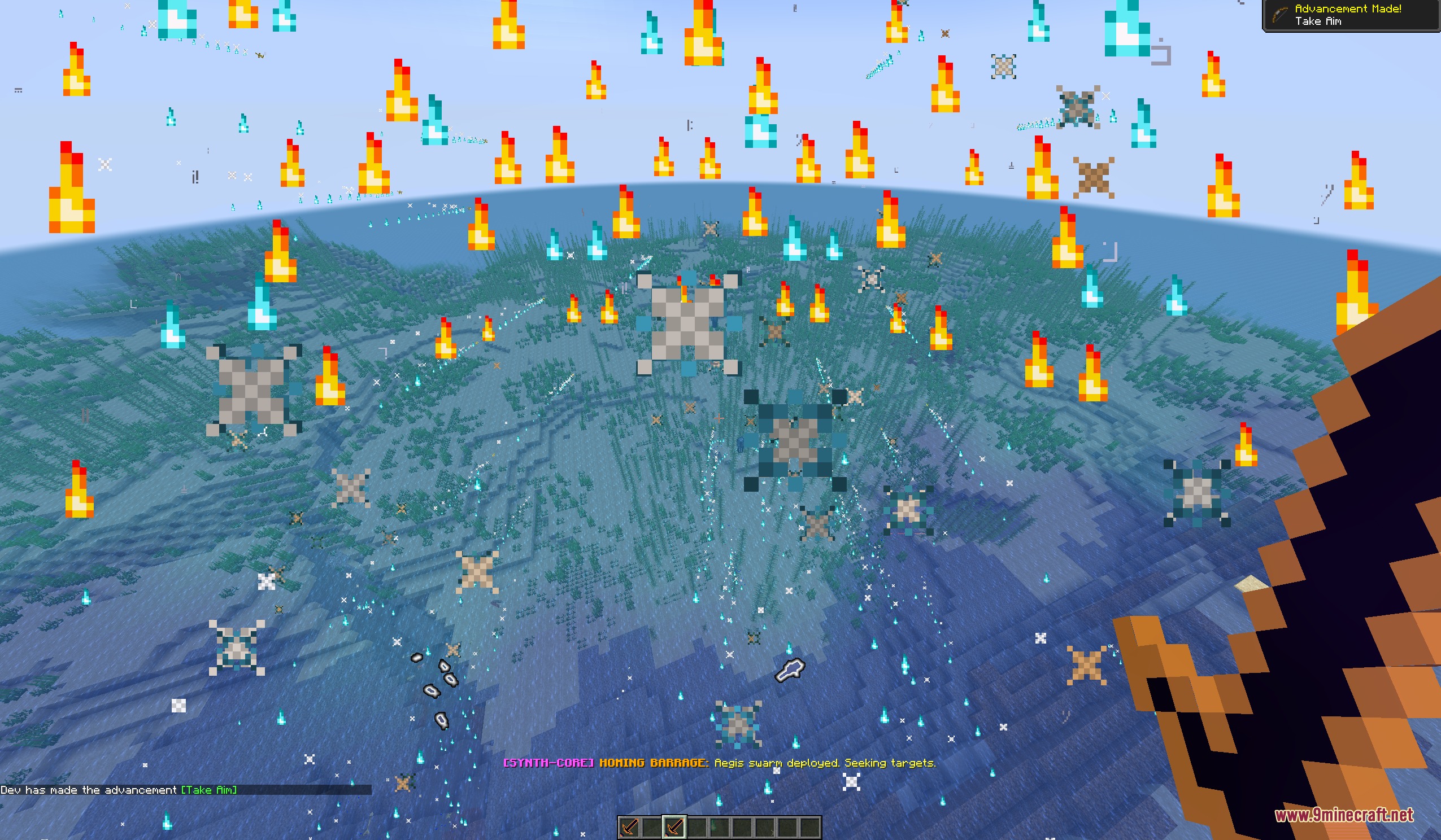 Admin Swords Mod Screenshot 2 A golden sword activates a homing barrage of fire particles over the ocean