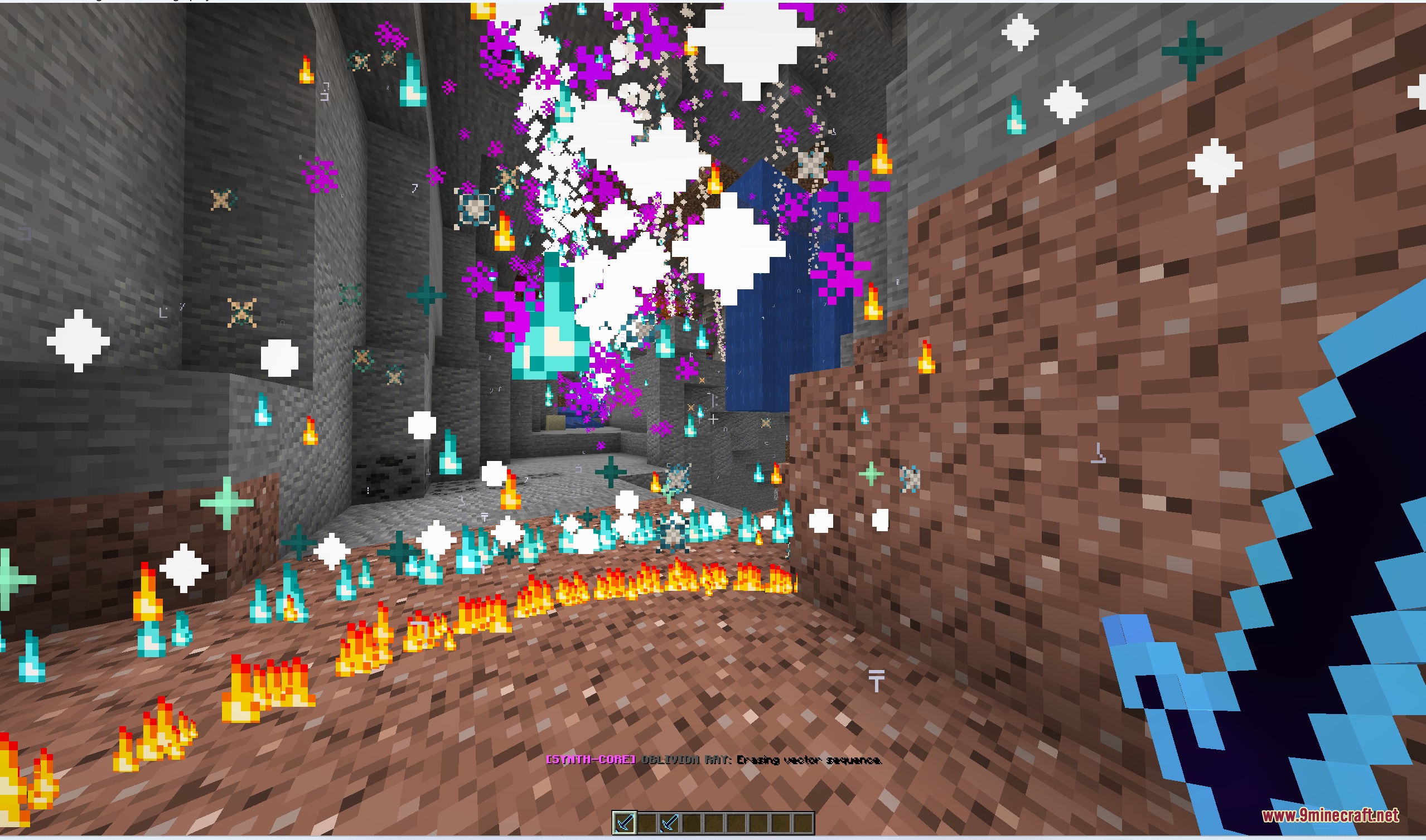 Admin Swords Mod Screenshot 6 A player wielding a glowing sword surrounded by fire and magical particle effects