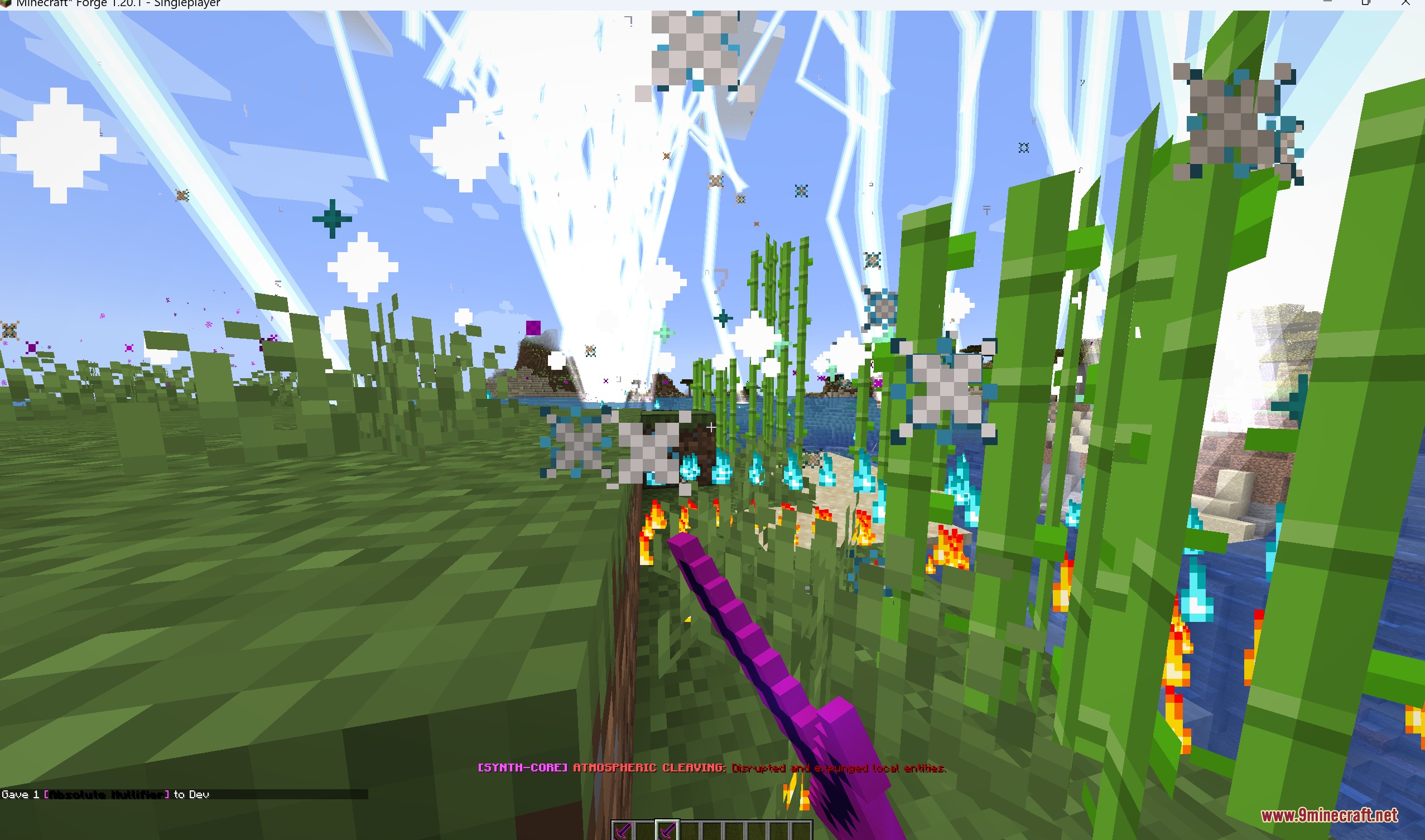Admin Swords Mod Screenshot 7 Player using a purple sword to trigger atmospheric cleaving with lightning strikes