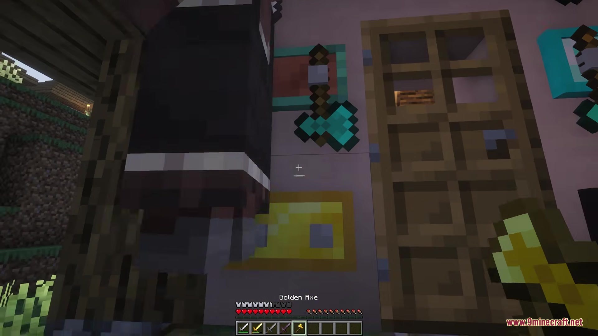 Advanced Stands New Armor Tools & Weapons Stands Mod Screenshot 3 Player displaying a diamond axe and golden axe on wall mounted repair stands