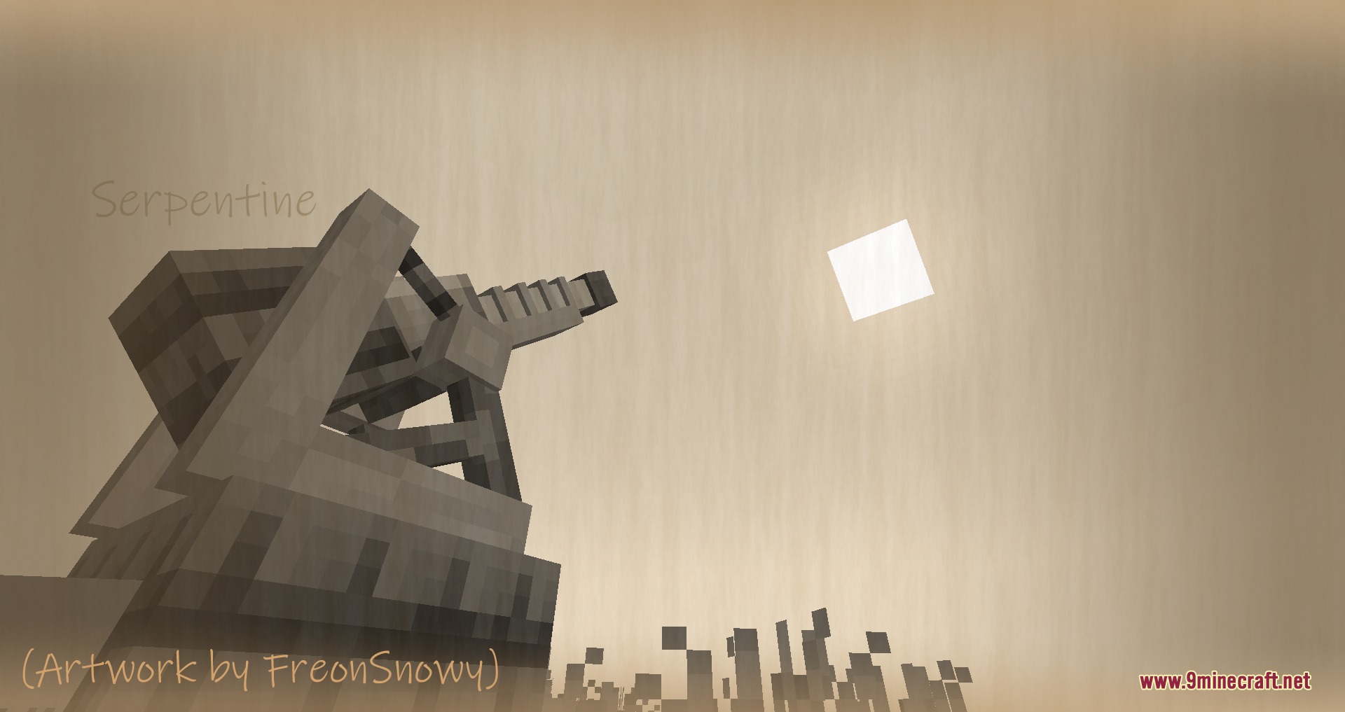 Advanced Tower Defense Mod Screenshot 1 A massive Serpentine siege cannon aiming at the square sun in Minecraft