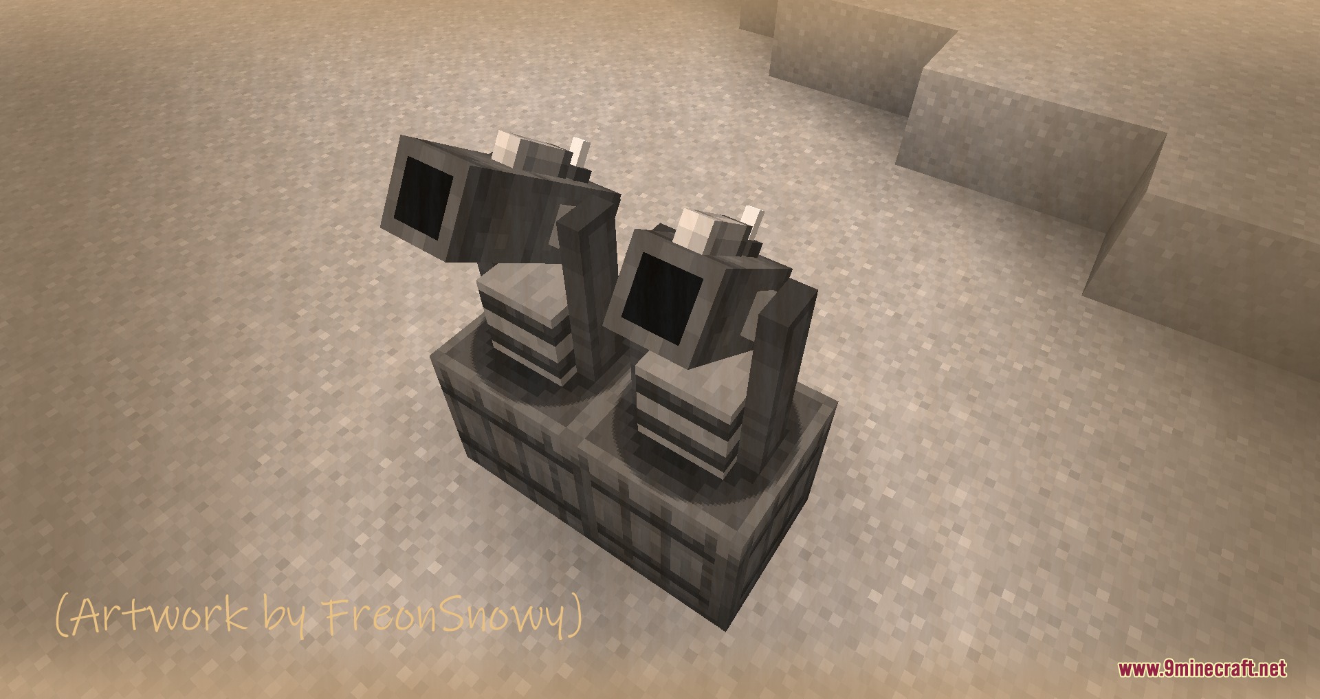 Advanced Tower Defense Mod Screenshot 2 Two automatic defense turrets mounted on a stone base in the desert