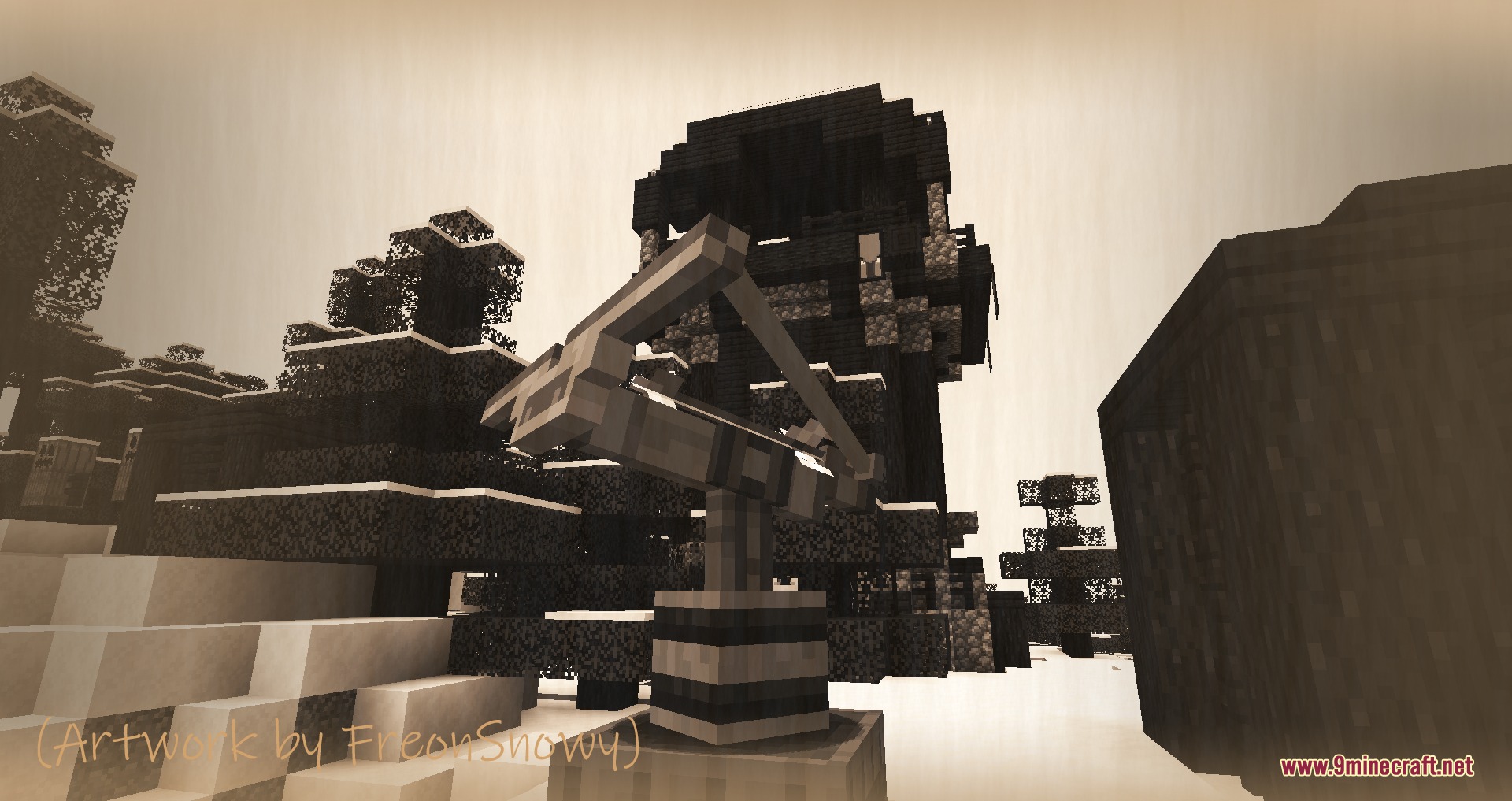 Advanced Tower Defense Mod Screenshot 3 A medieval turret stands in a snowy biome near a tall wooden watchtower