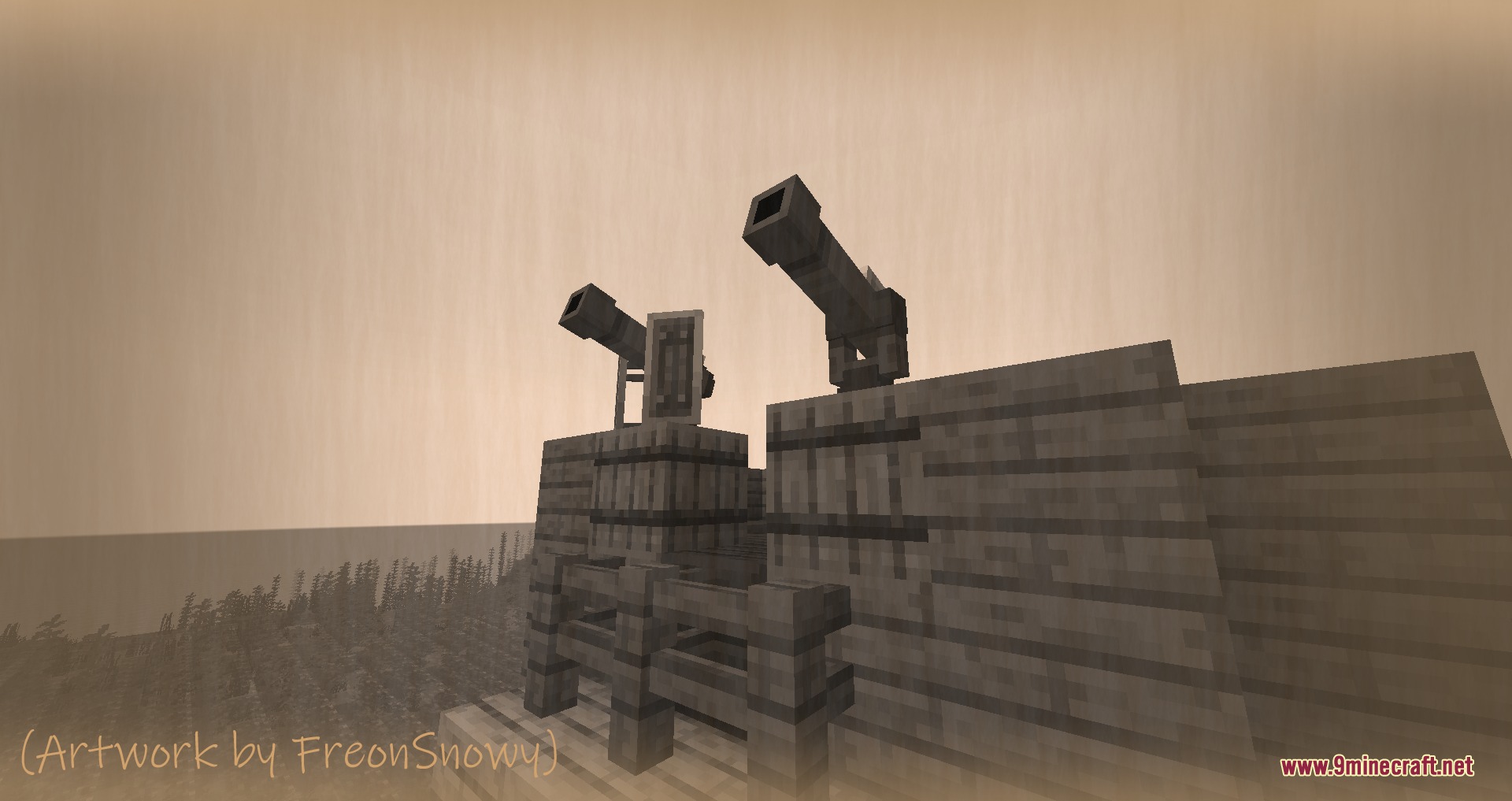 Advanced Tower Defense Mod Screenshot 4 Two powerful siege cannons mounted on a defensive wall overlooking a foggy forest