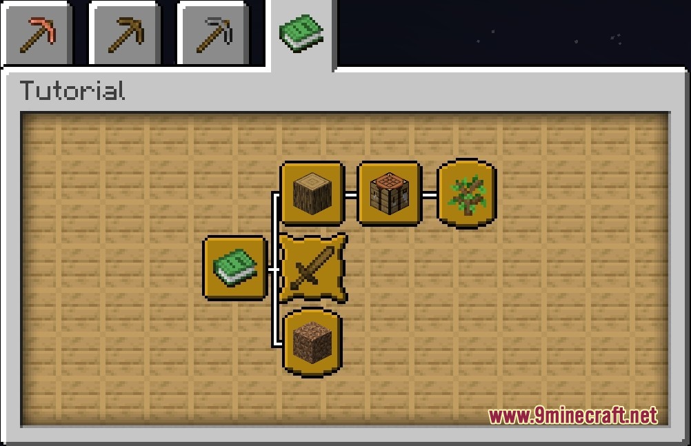Advancement Recipes Mod Screenshot 1 A Minecraft interface showing a tutorial quest tree for basic survival items