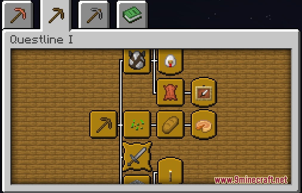 Advancement Recipes Mod Screenshot 2 The Questline I screen displaying advancement paths for farming and stone tools
