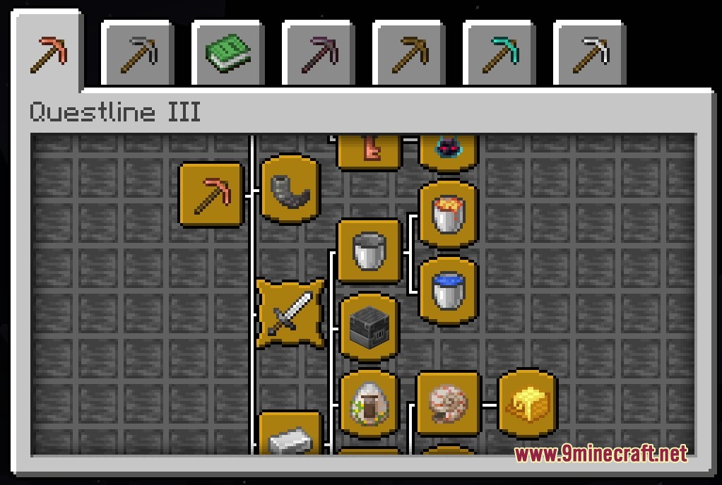 Advancement Recipes Mod Screenshot 4 Minecraft user interface displaying the Questline III advancement tree for iron equipment