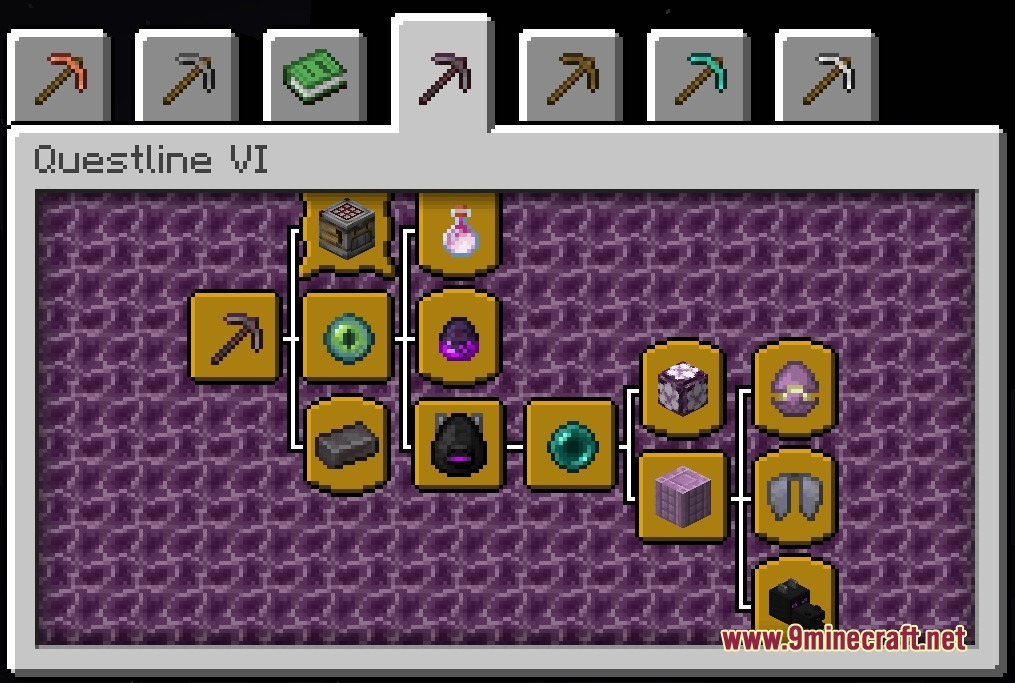 Advancement Recipes Mod Screenshot 7 Minecraft advancement screen showing Questline VI with end game item progression icons