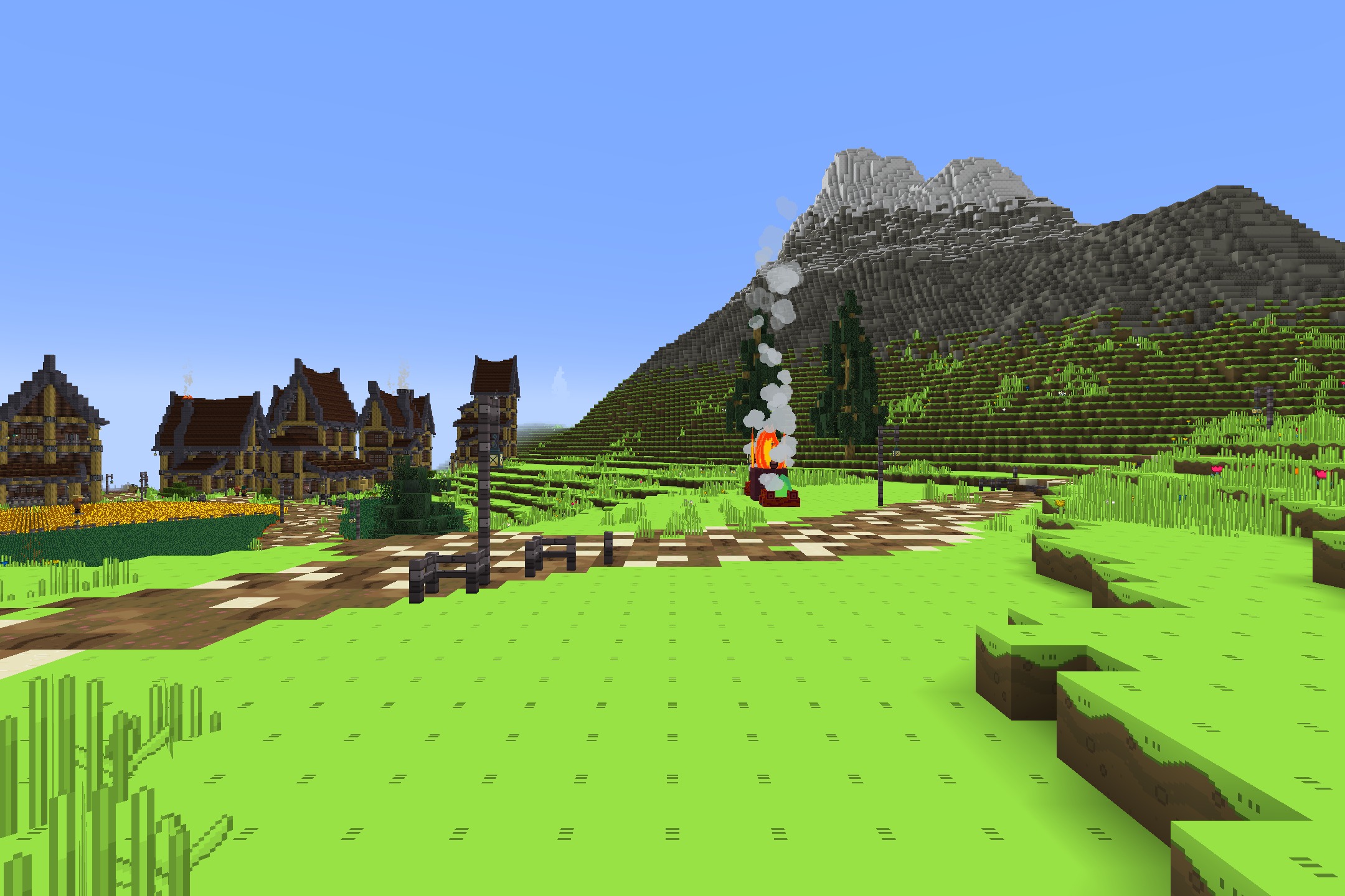 Adventure Time Craft pack showing a cartoonish village and a tall mountain