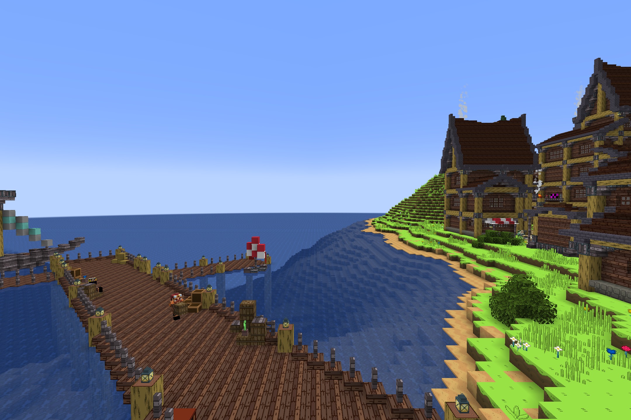 Wooden pier and small sailboat near a large colorful cartoon house