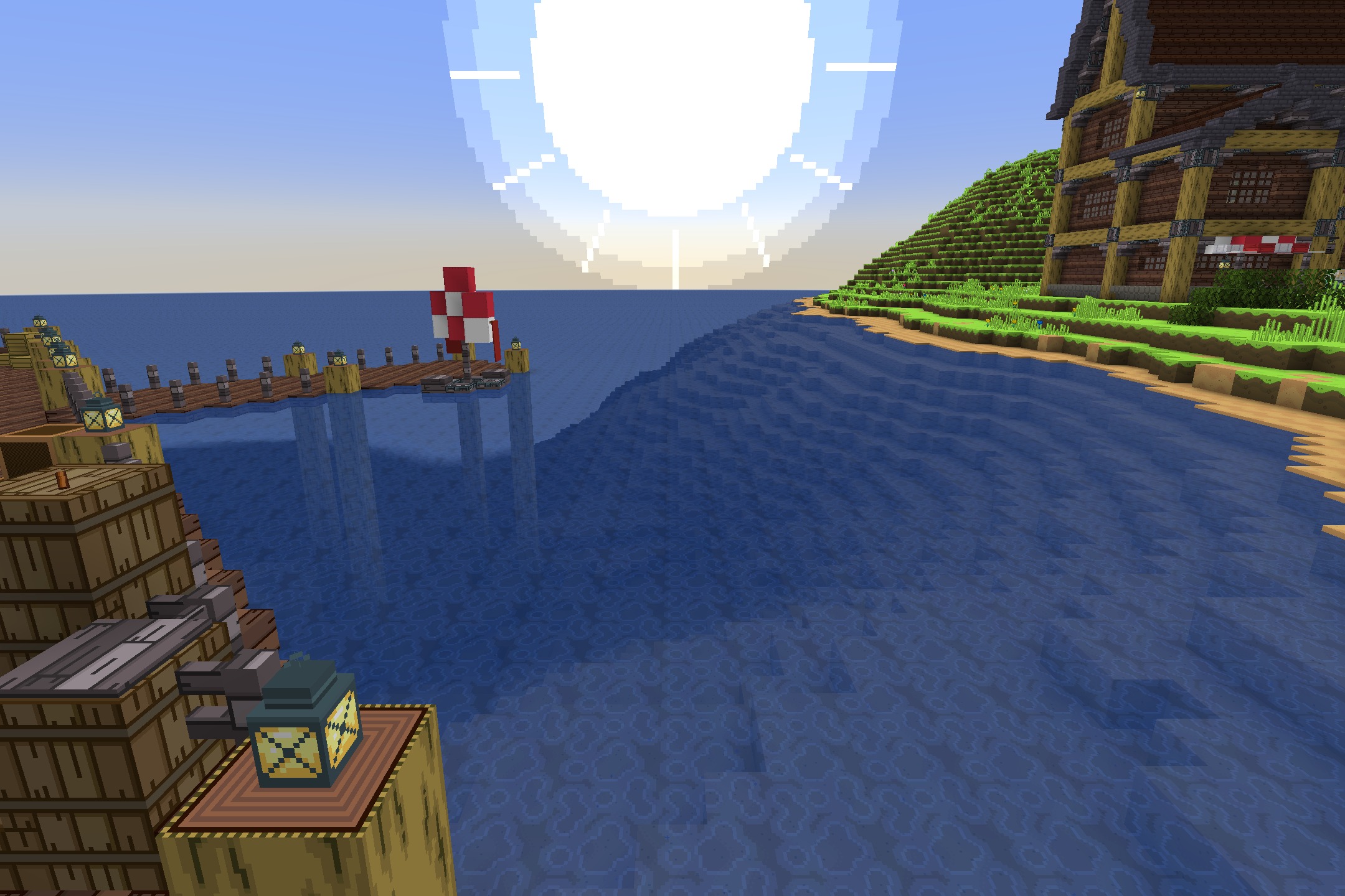 Large pixelated sun setting over the ocean near a wooden dock