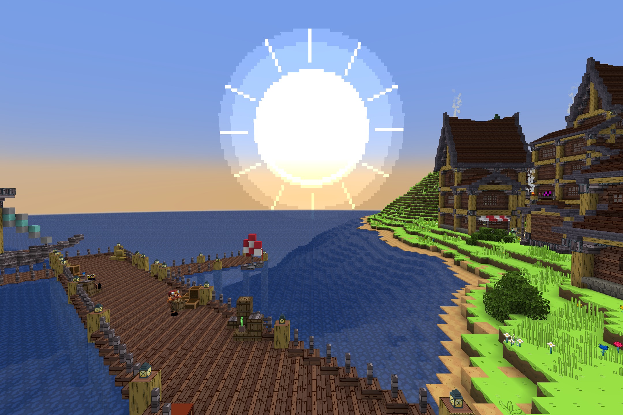 A large cartoon sun sets over a wooden dock and bright blue ocean