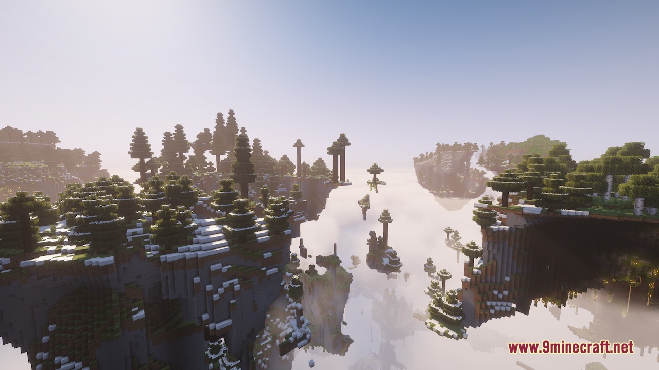 Aero Islands for Create Aeronautics by Nuclearobelisk Mod Screenshot 1 Snowy islands with spruce trees floating above a thick layer of white clouds
