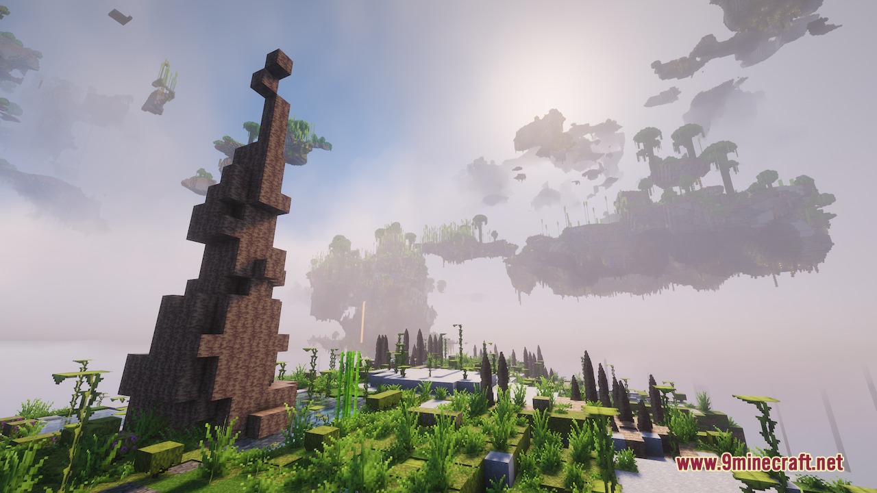 Aero Islands for Create Aeronautics by Nuclearobelisk Mod Screenshot 5 A tall stone spire stands on a floating island with lush green vegetation