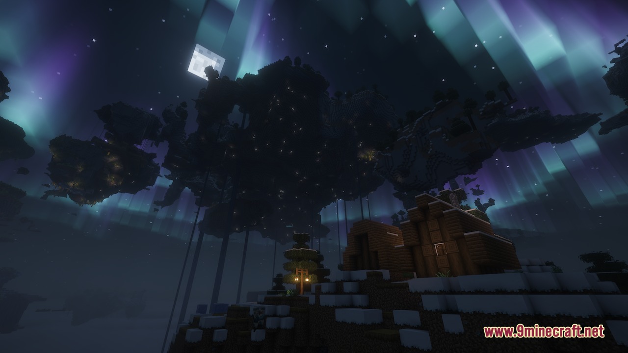 Aero Islands for Create Aeronautics by Nuclearobelisk Mod Screenshot 7 A wooden house on a snowy hill under a vibrant aurora night sky