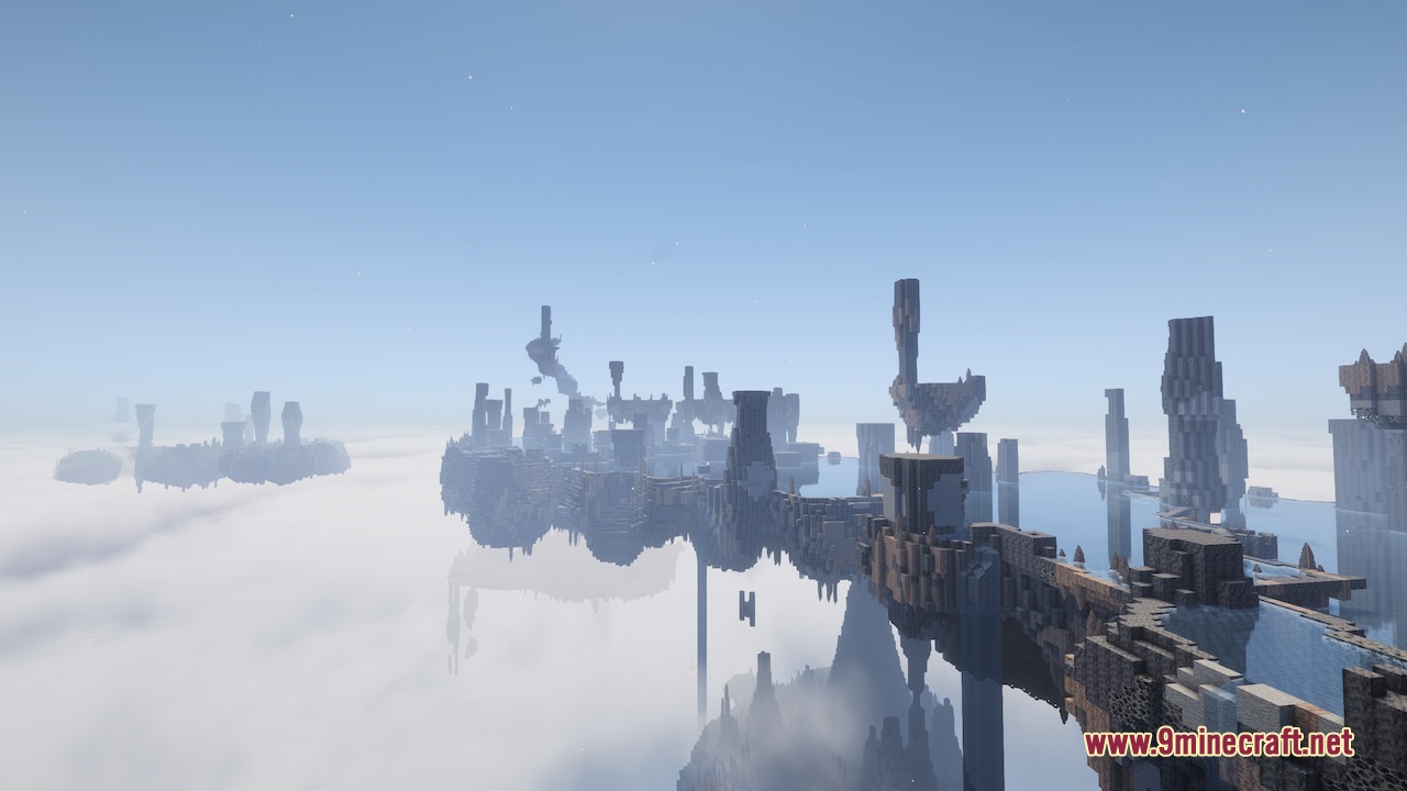 Aero Islands for Create Aeronautics by Nuclearobelisk Mod Screenshot 8 Stone bridges connect massive floating islands above a dense layer of white clouds