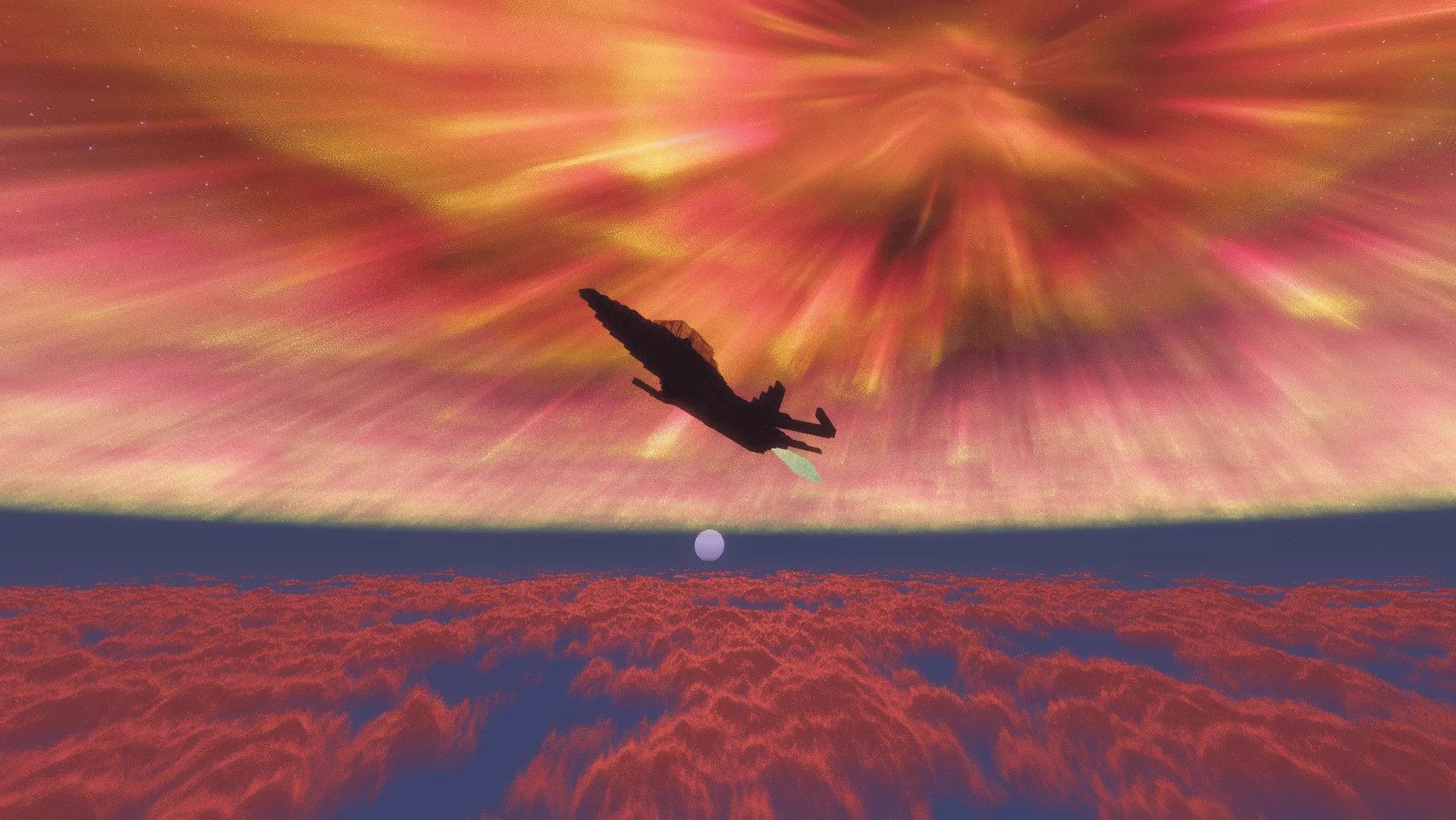 A silhouette of an F16 jet flying through a vibrant fiery orange sky