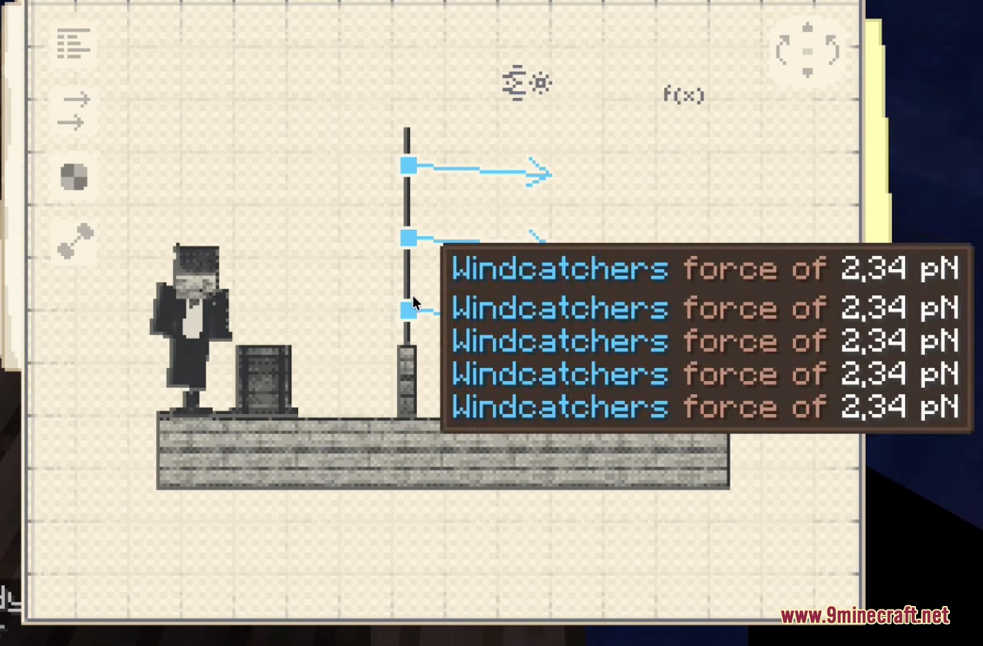 Aeronautics Winds & Weather Mod Screenshot 2 Technical interface displaying wind force data for windcatchers in a Minecraft world