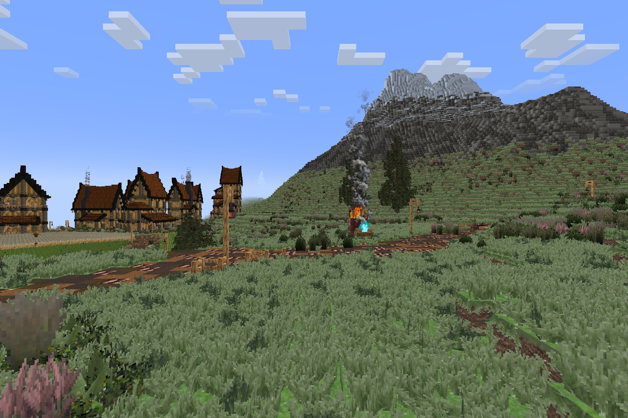 Aeternum Realism Resource Pack Screenshot 1 A dirt path leads through realistic grass toward a village near a mountain