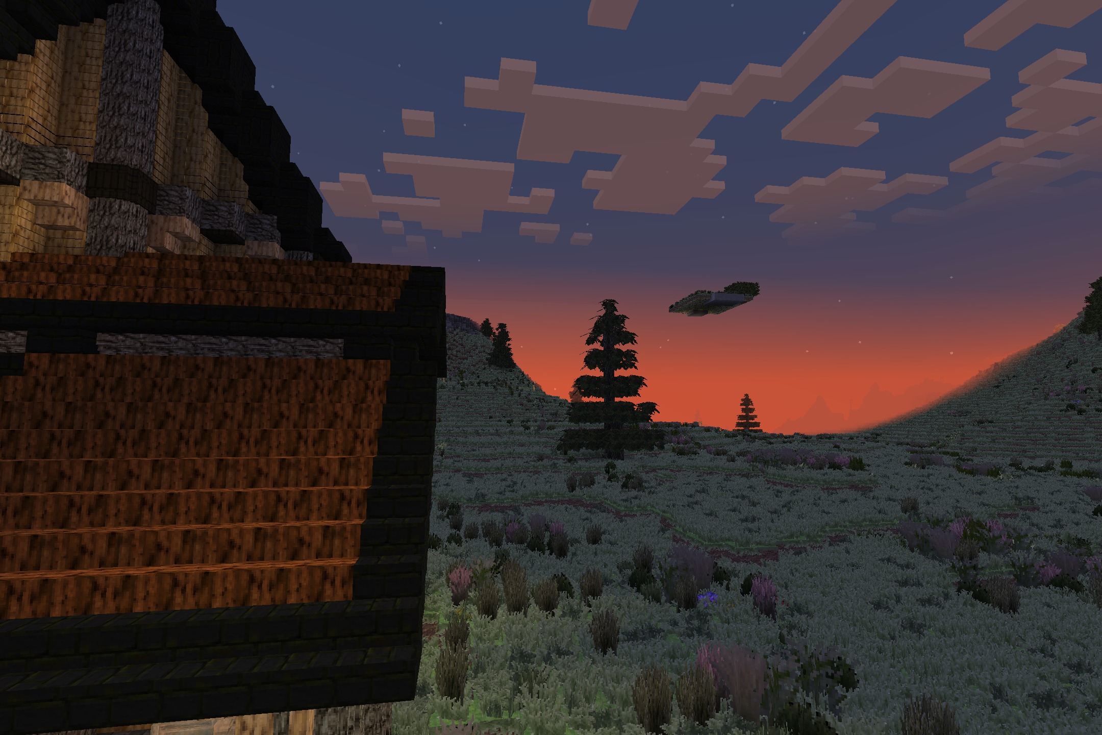 Aeternum Realism Resource Pack Screenshot 10 Realistic grassy landscape with pine trees under a vibrant orange and purple sunset