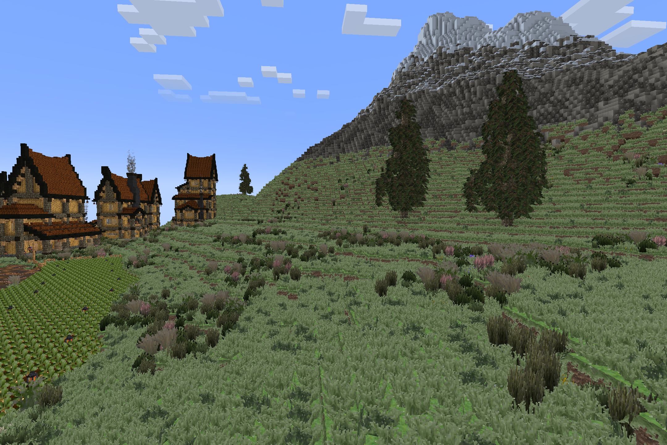 Aeternum Realism Resource Pack Screenshot 2 Detailed medieval houses and farm fields featuring realistic textures near a mountain