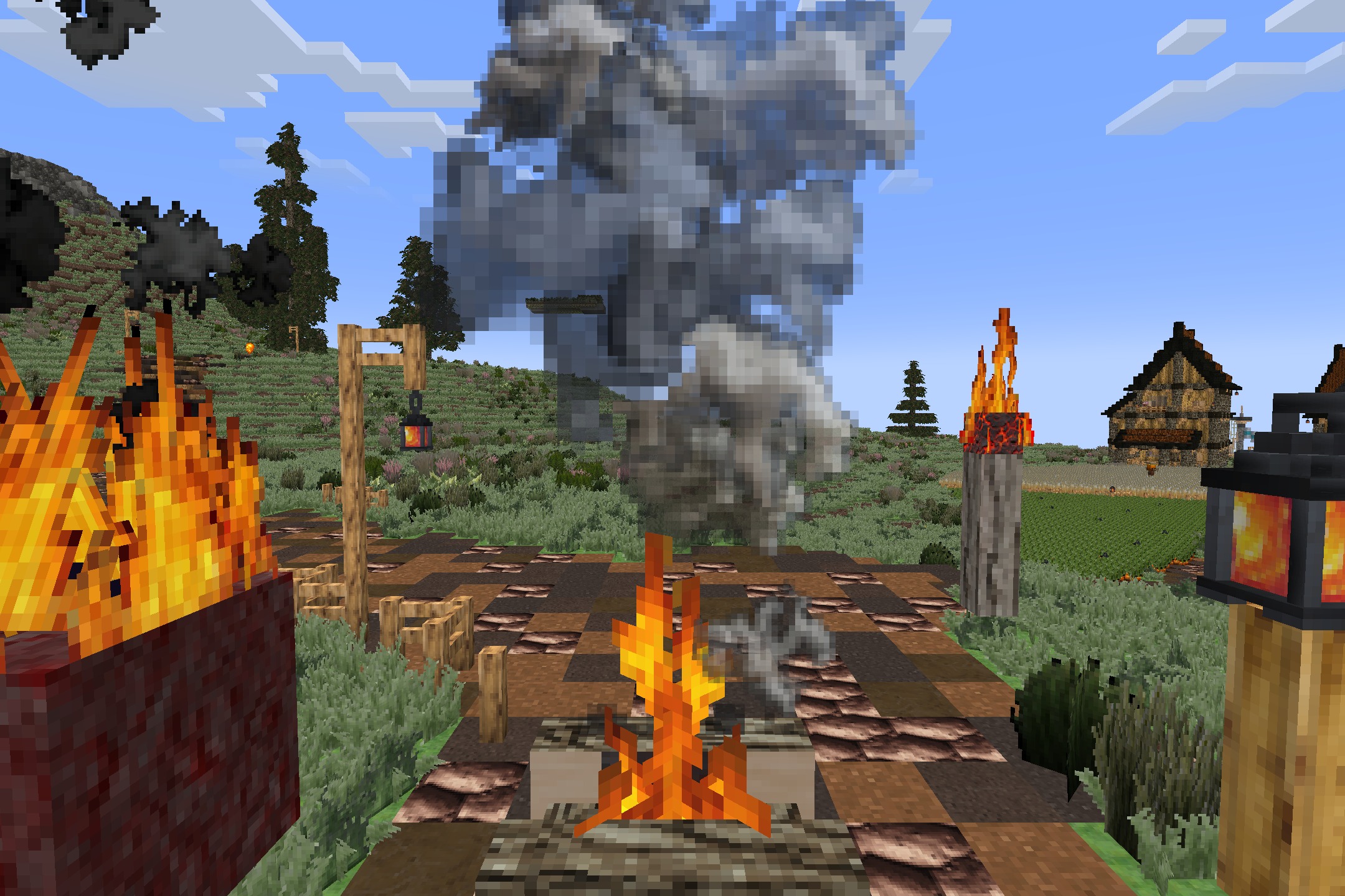 Aeternum Realism Resource Pack Screenshot 4 Close up of a campfire and lanterns showing detailed textures on a path