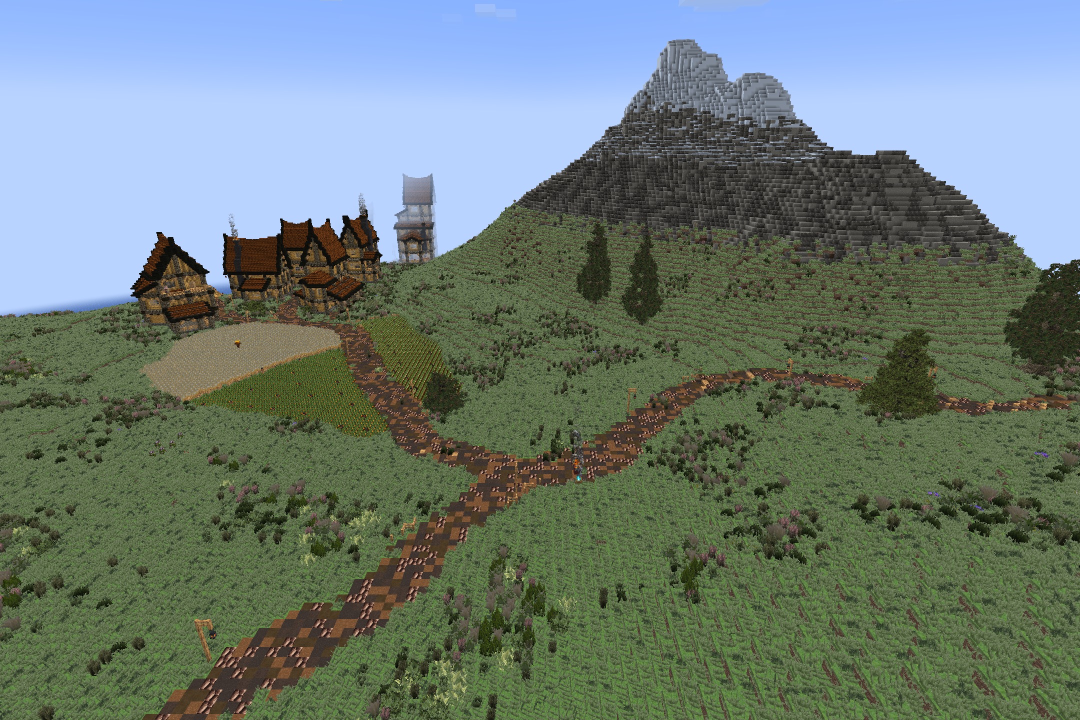 Aeternum Realism Resource Pack Screenshot 6 Small medieval village and farm located next to a fork in the dirt path