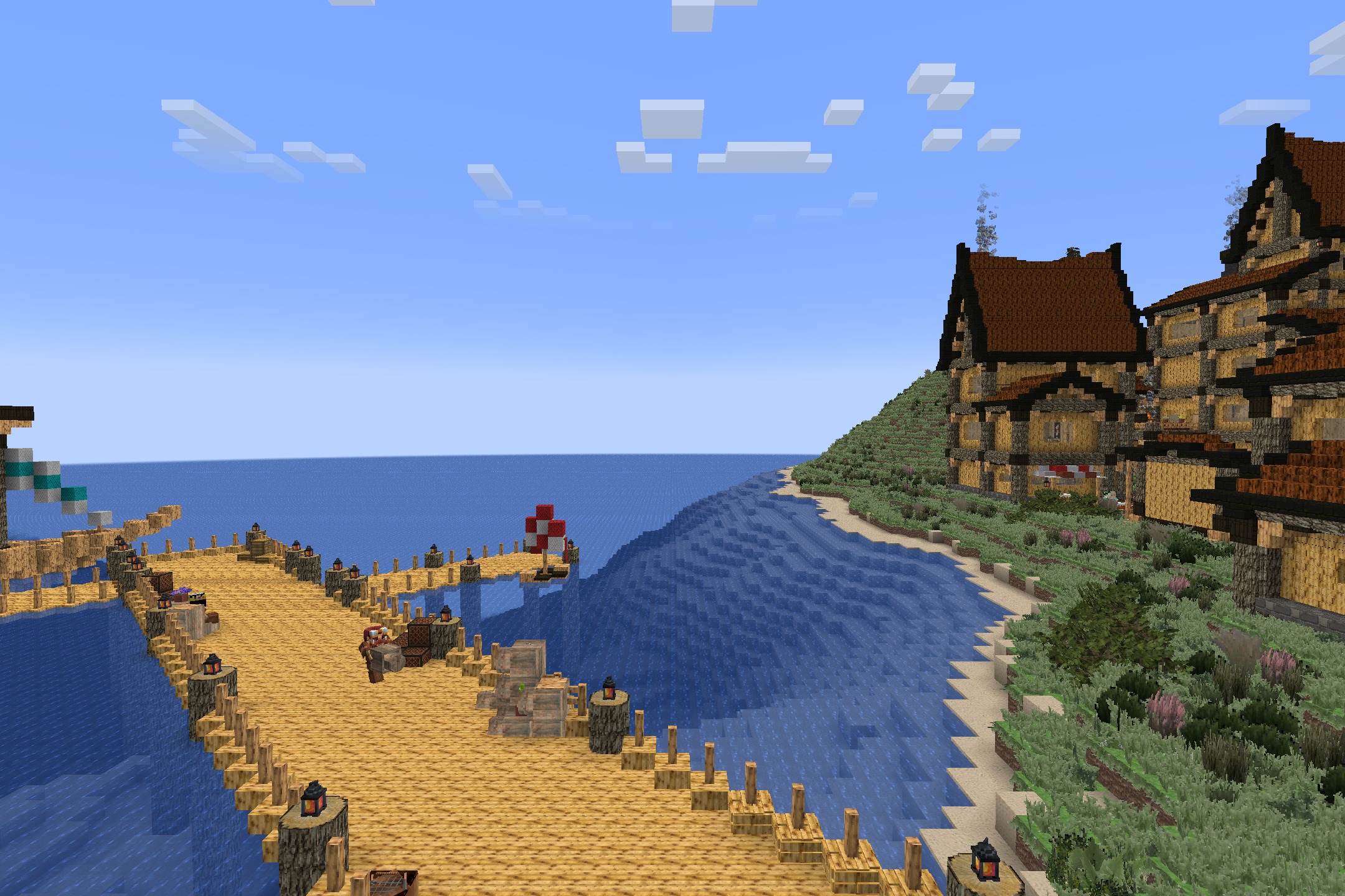 Aeternum Realism Resource Pack Screenshot 7 A long wooden pier extends into the ocean near a medieval coastal town