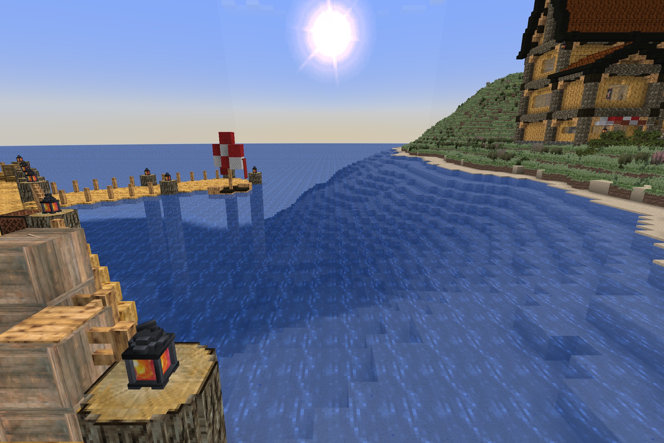 Aeternum Realism Resource Pack Screenshot 8 Bright sunlight shines over the ocean water and a wooden harbor dock