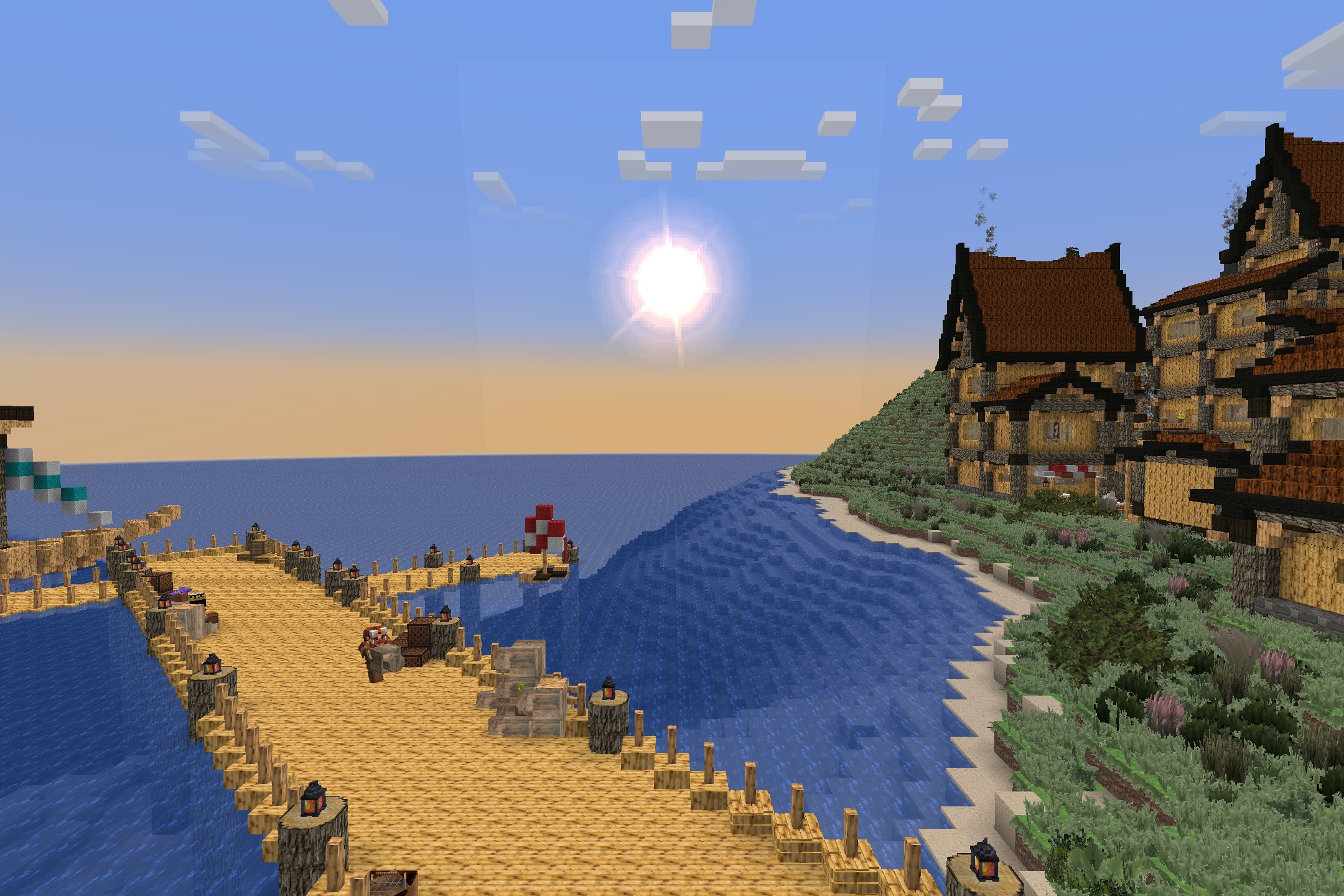 Aeternum Realism Resource Pack Screenshot 9 Detailed wooden pier and medieval houses overlooking the ocean under a bright sun