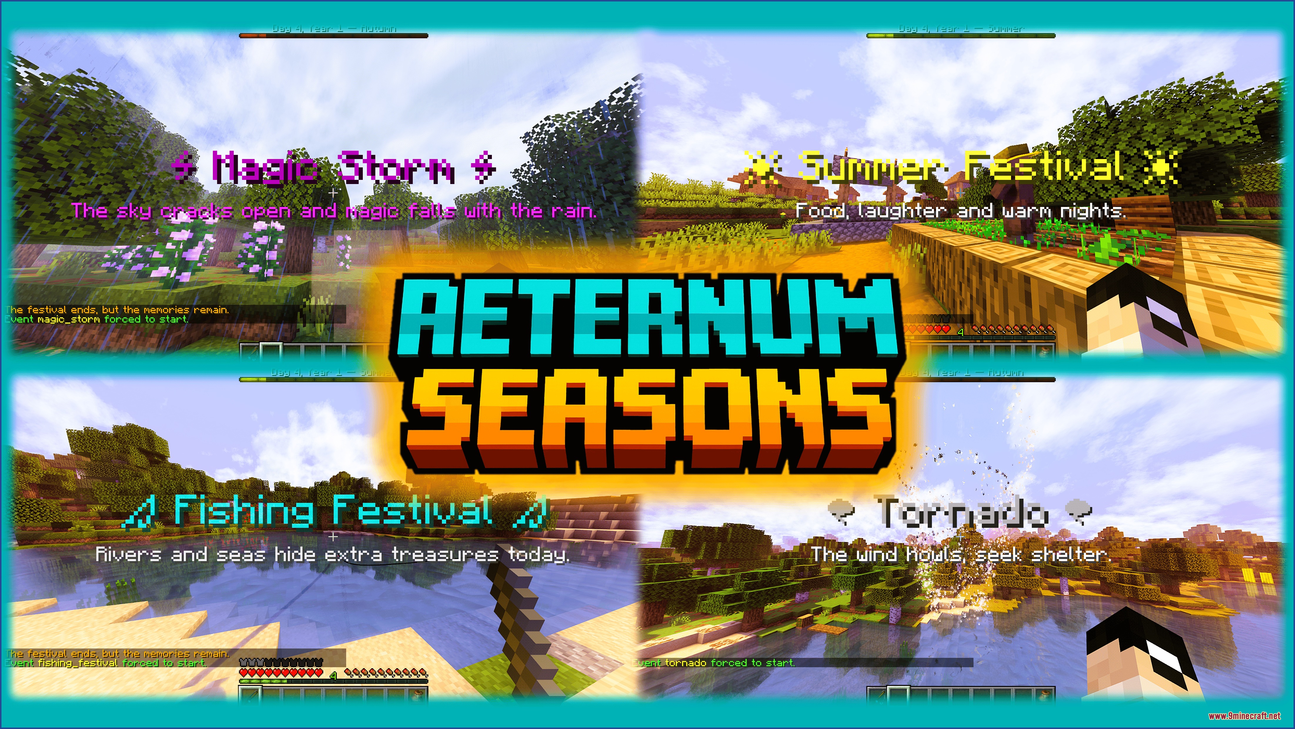 Aeternum Seasons Resource Pack Screenshot 2 Four screenshots showcasing different weather events and festivals in a Minecraft world
