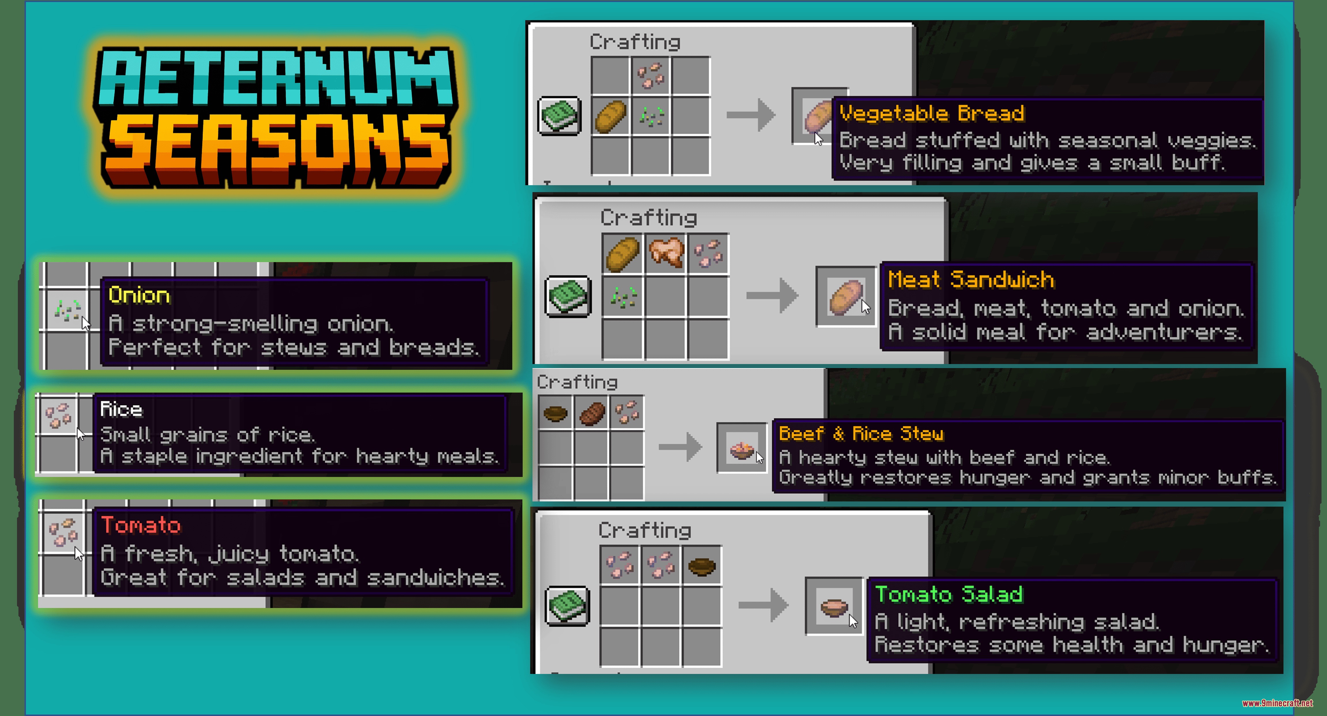 Aeternum Seasons Resource Pack Screenshot 5 Crafting recipes for vegetable bread meat sandwiches and beef stew in Minecraft