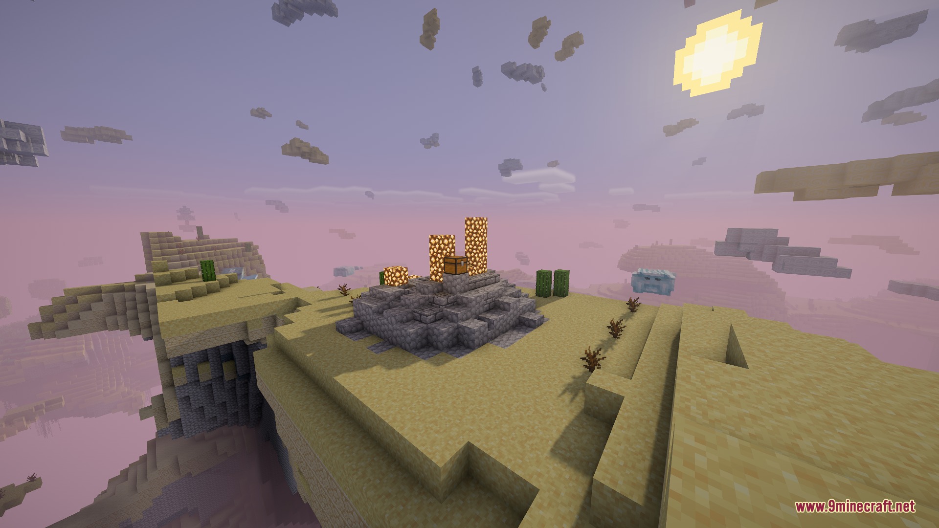 Aether Regenerated Resource Pack Screenshot 4 A loot chest surrounded by glowstone pillars on a floating Aether island