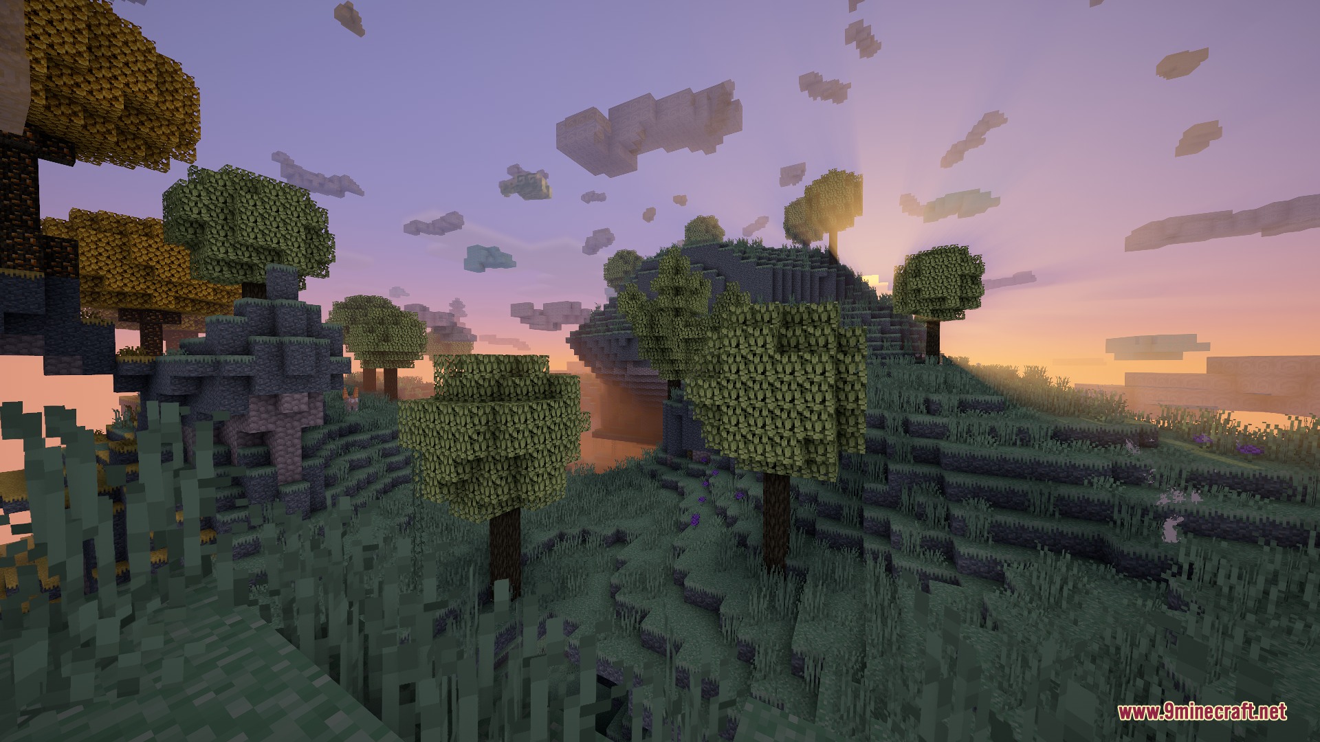 Aether Regenerated Resource Pack Screenshot 7 Scenic view of floating islands with custom trees during a purple sunset
