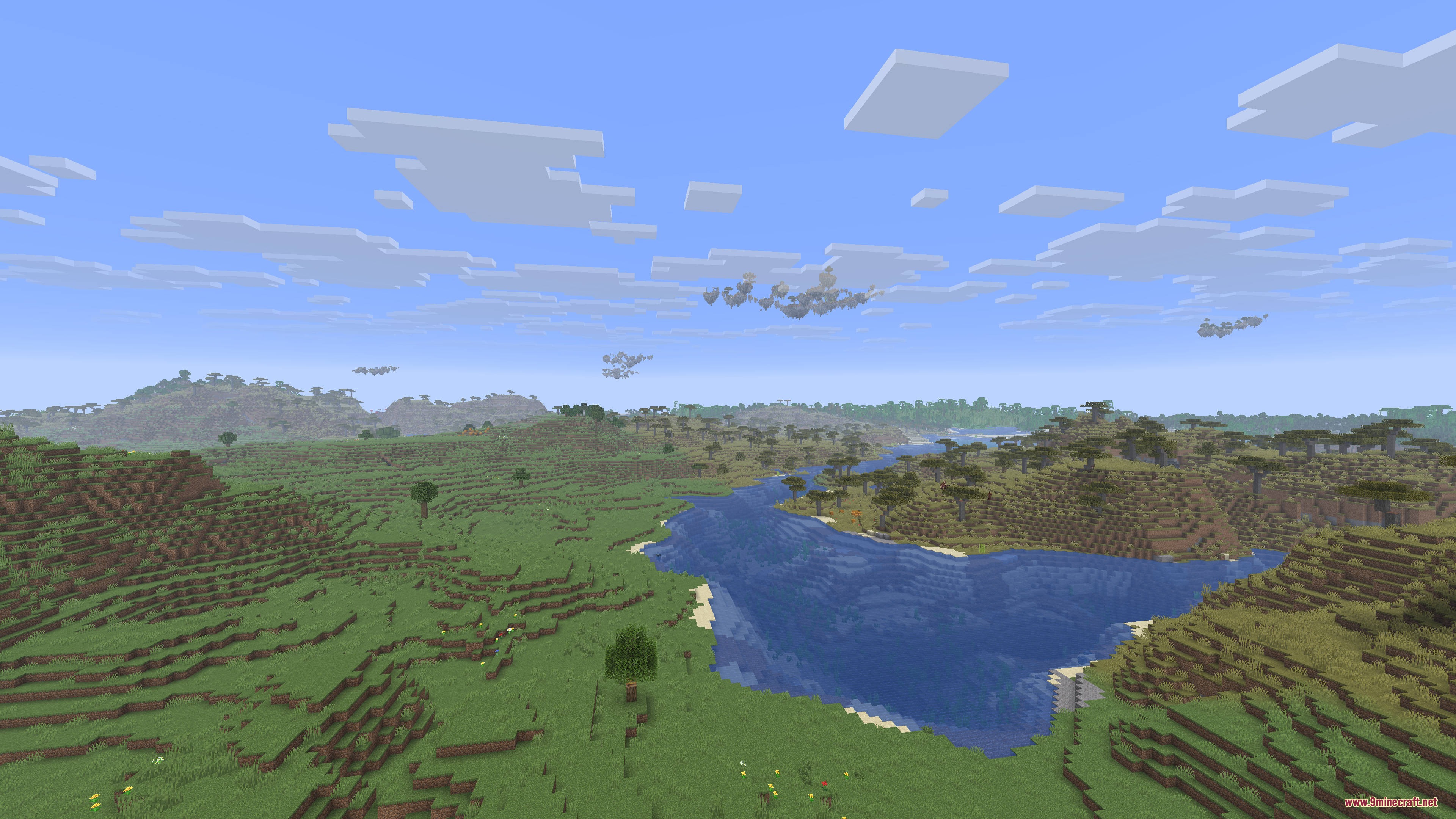 Floating island clusters generate high above a river in a savanna biome