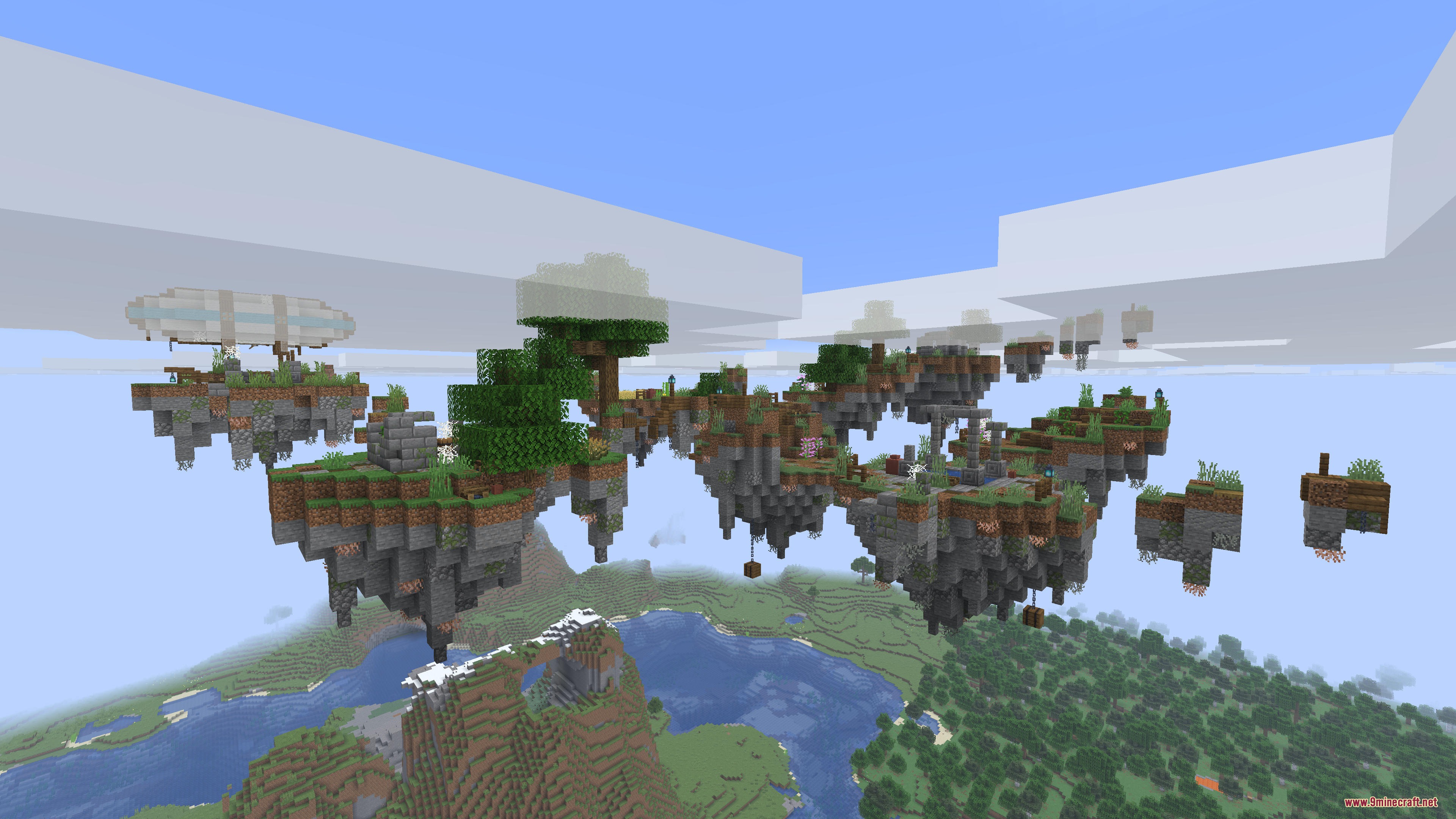 Floating sky islands with ancient ruins and an airship from Aetheric Echoes Orbiting Mod