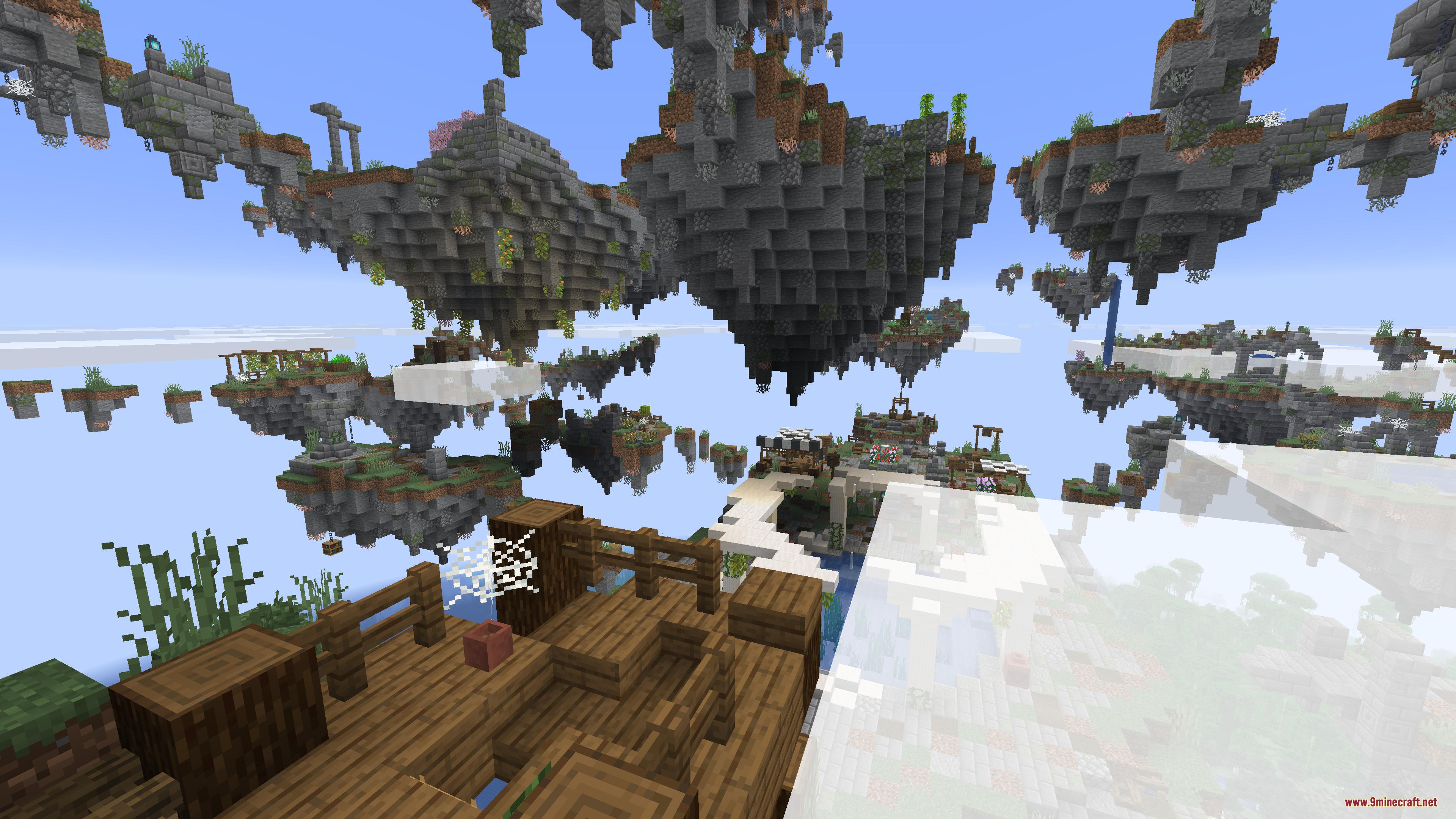 A wooden balcony overlooking a vast network of floating islands in the sky