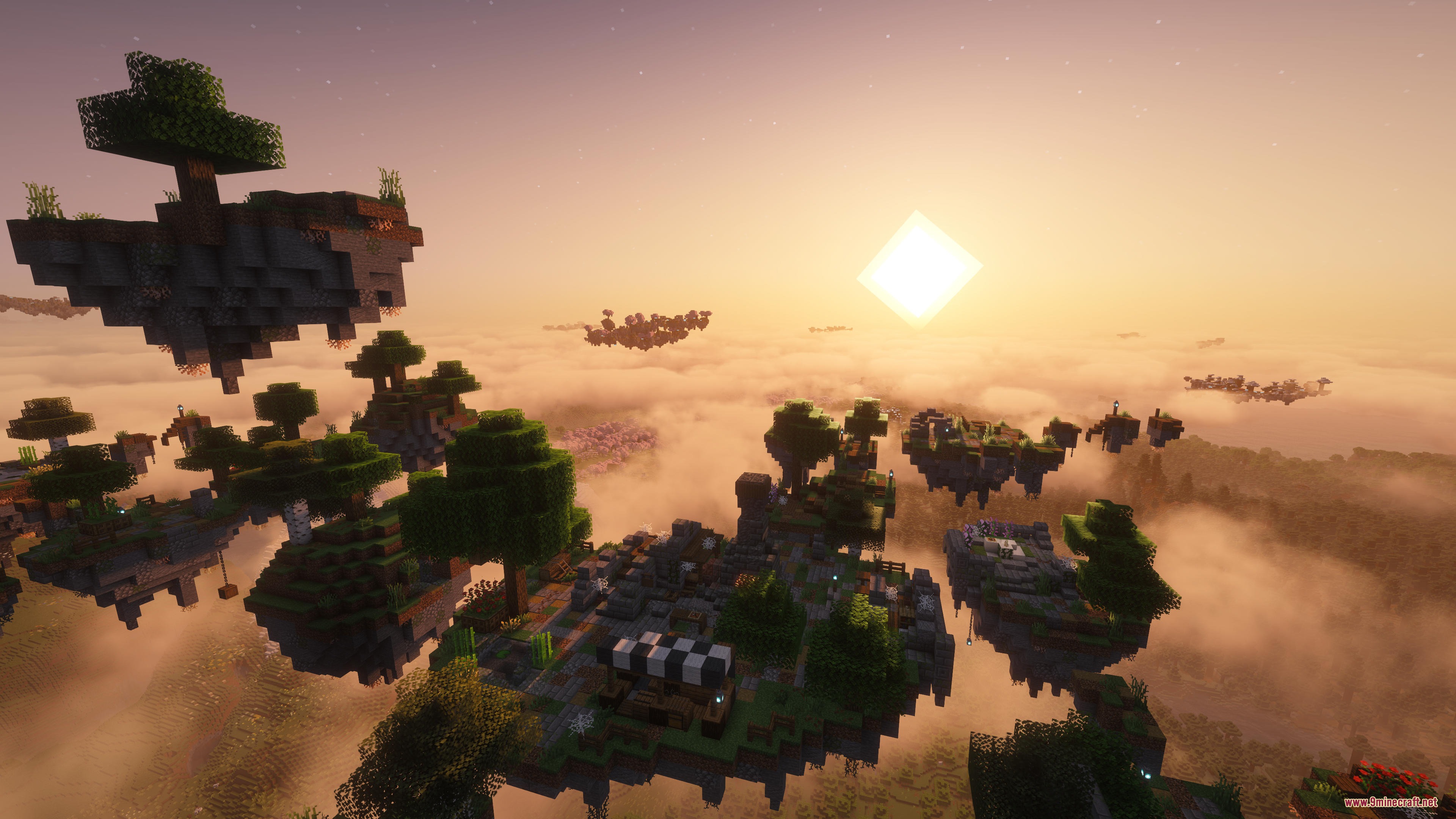 Floating islands with a market stall above clouds during a golden sunset
